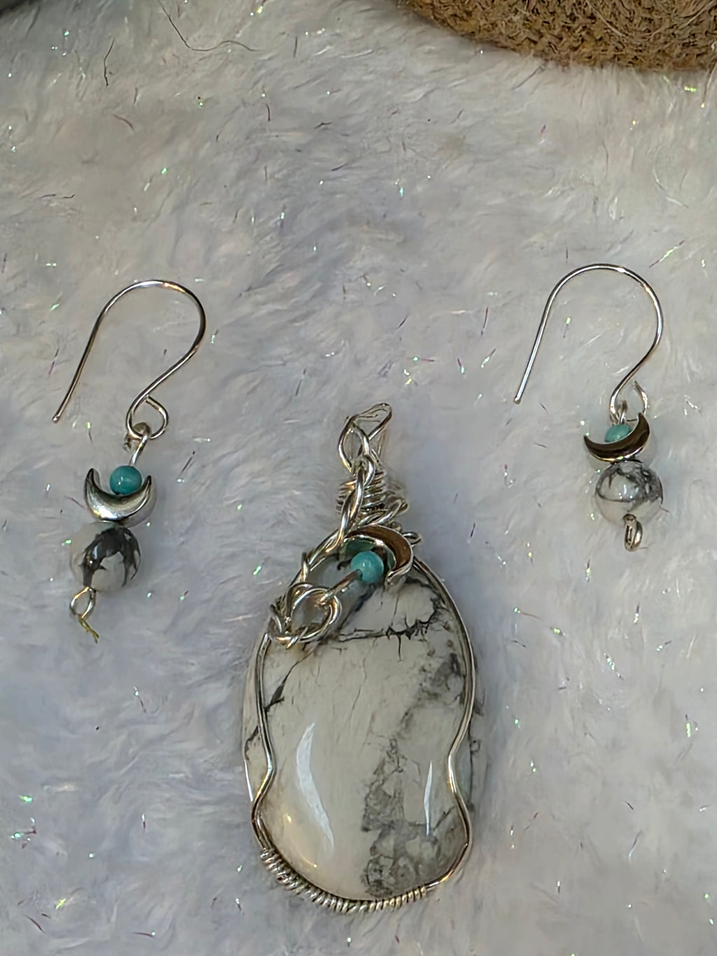 Howlite and Turquoise Sterling Silver Wire Wrapped Pendant and Earrings Set with Moons