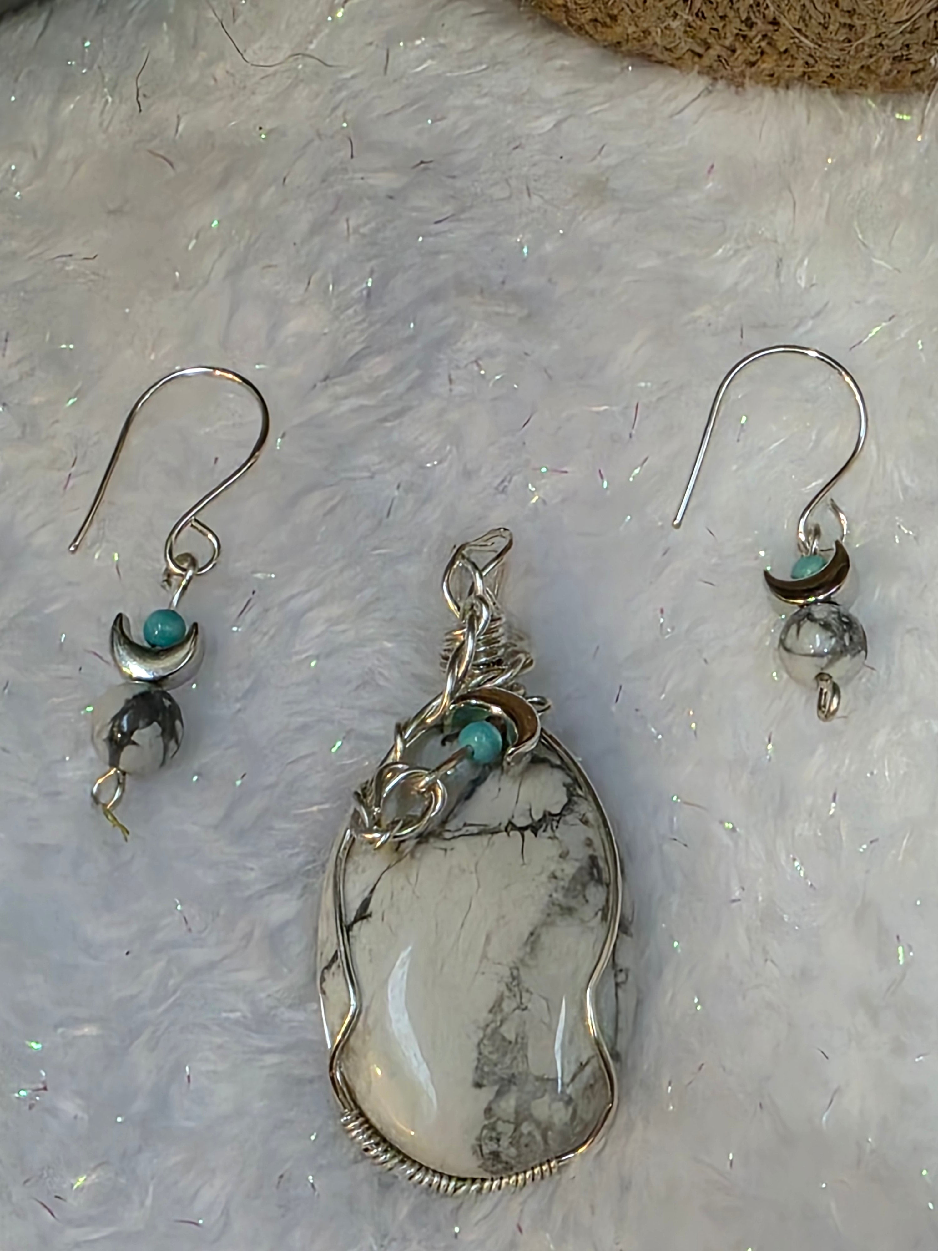 Howlite and Turquoise Sterling Silver Wire Wrapped Pendant and Earrings Set with Moons