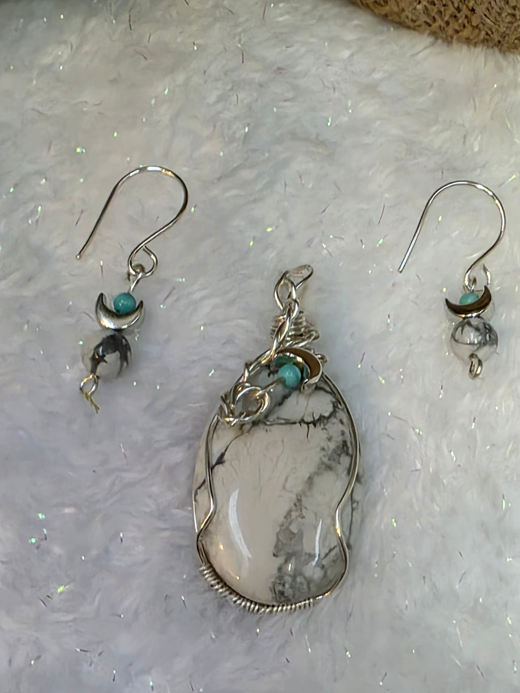Howlite and Turquoise Sterling Silver Wire Wrapped Pendant and Earrings Set with Moons