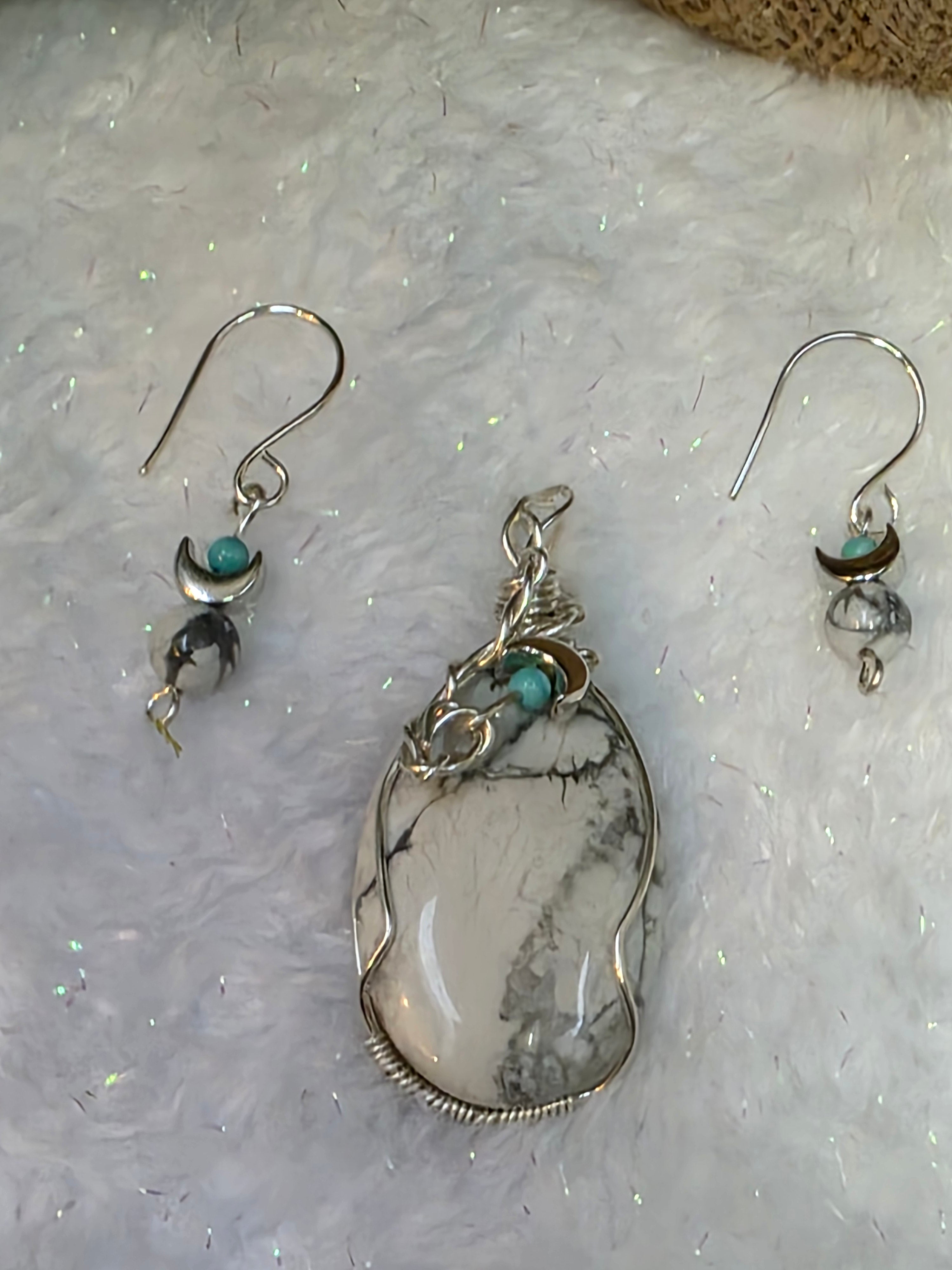Howlite and Turquoise Sterling Silver Wire Wrapped Pendant and Earrings Set with Moons