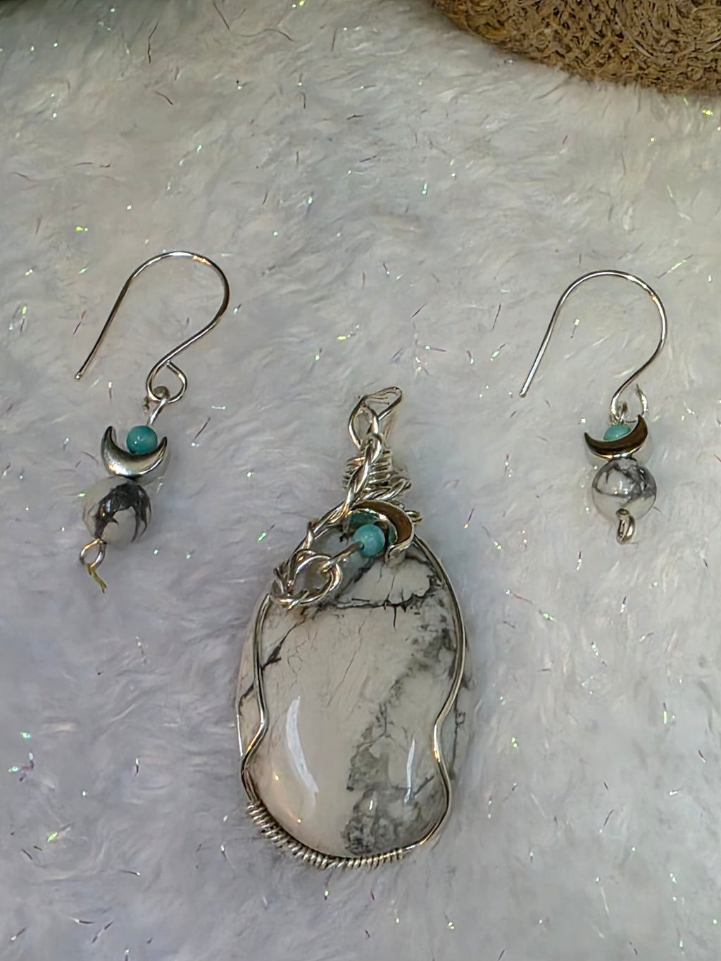 Howlite and Turquoise Sterling Silver Wire Wrapped Pendant and Earrings Set with Moons