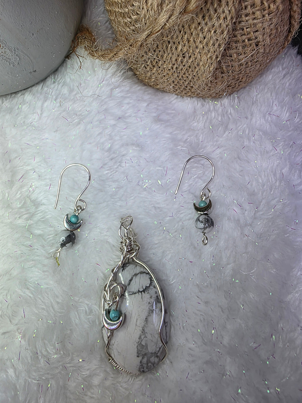 Howlite and Turquoise Sterling Silver Wire Wrapped Pendant and Earrings Set with Moons