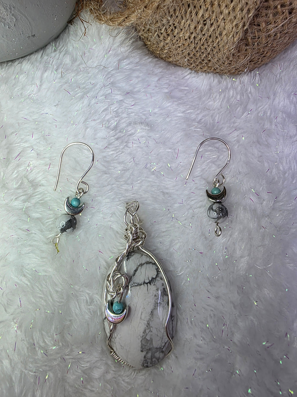 Howlite and Turquoise Sterling Silver Wire Wrapped Pendant and Earrings Set with Moons