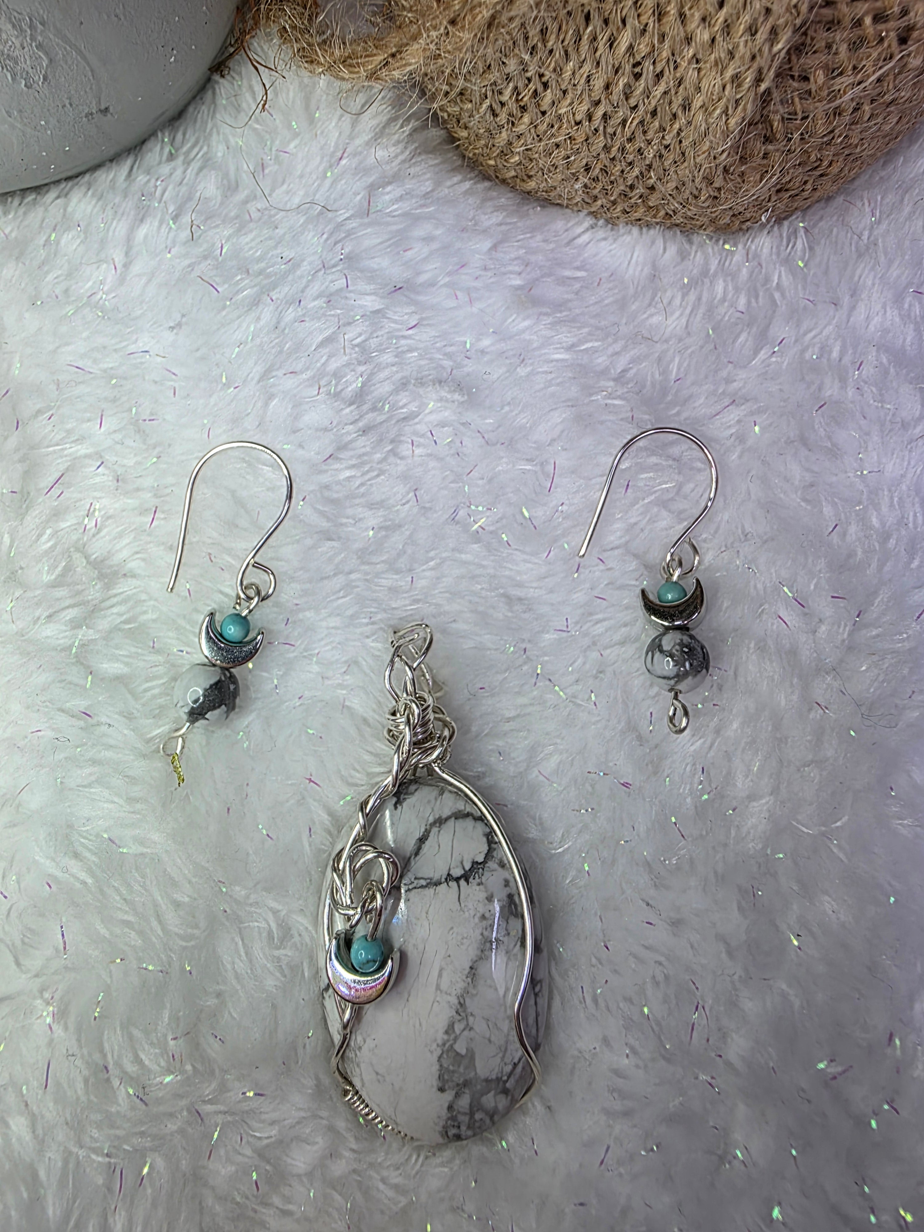 Howlite and Turquoise Sterling Silver Wire Wrapped Pendant and Earrings Set with Moons