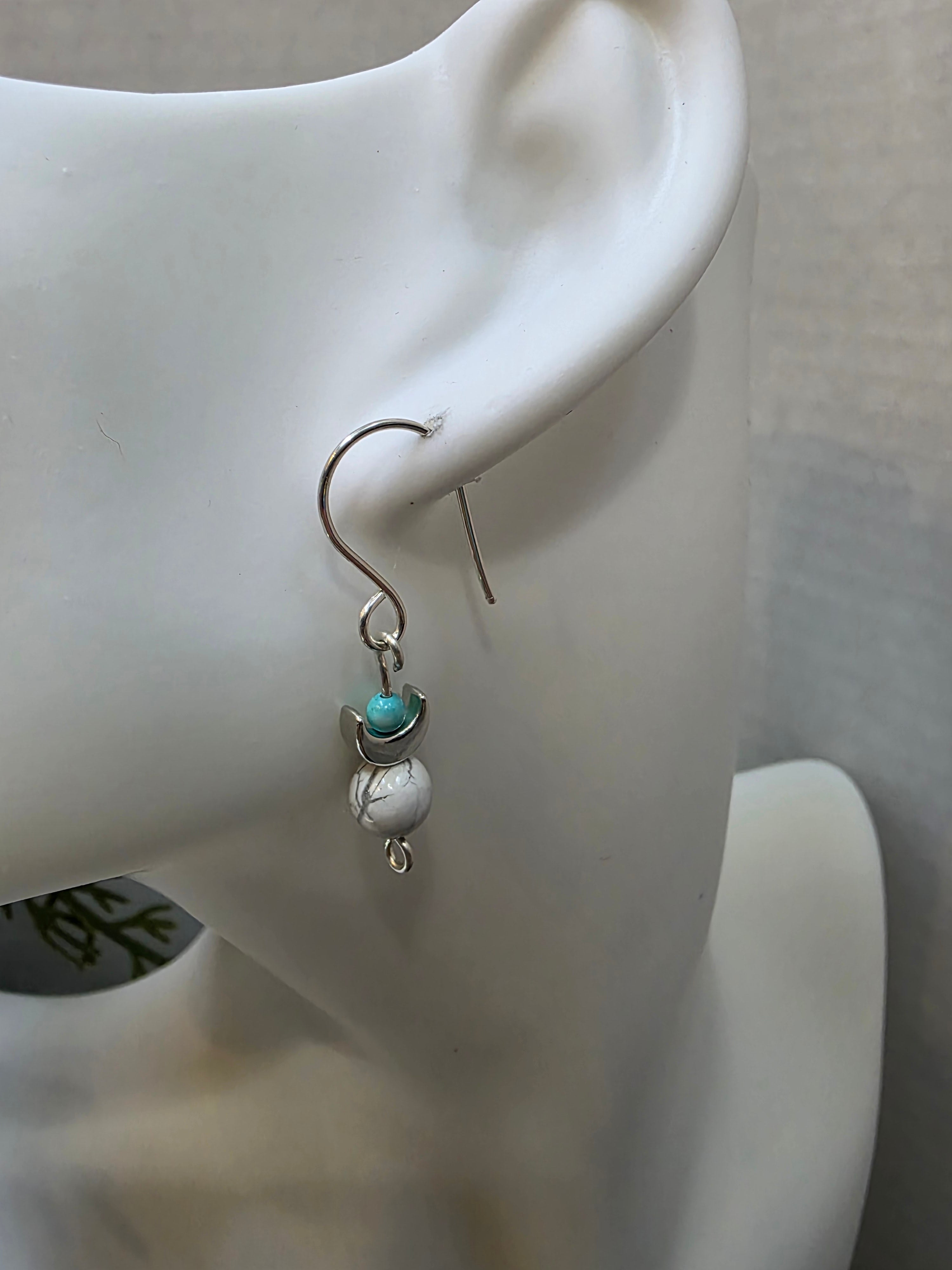 Howlite and Turquoise Sterling Silver Wire Wrapped Pendant and Earrings Set with Moons