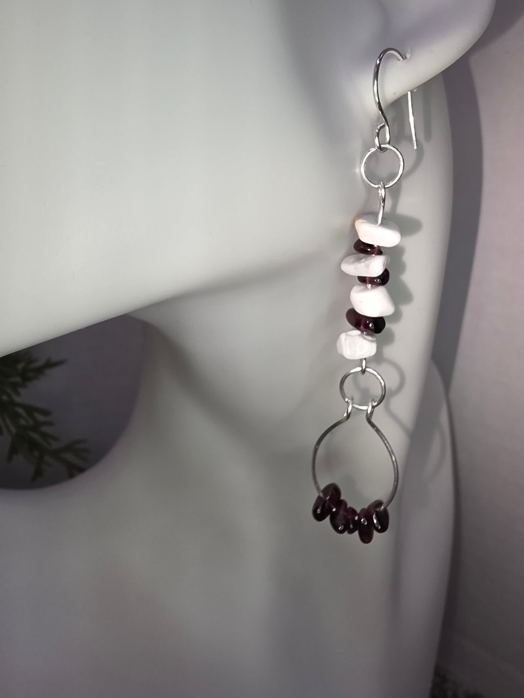 Sterling Silver Howlite and Garnet Chip Wire Wrapped Earrings with Garnet Dangle Flare