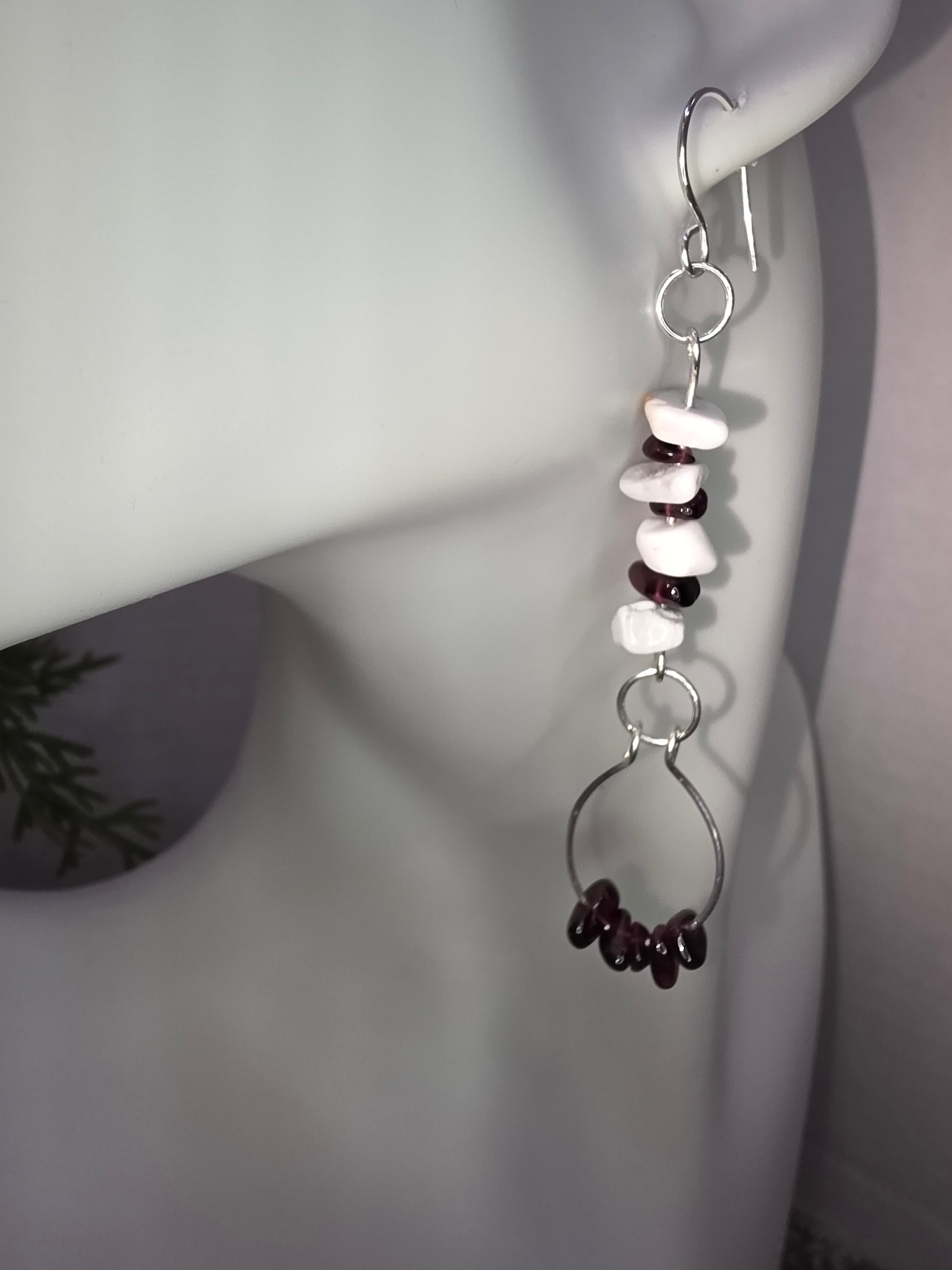 Sterling Silver Howlite and Garnet Chip Wire Wrapped Earrings with Garnet Dangle Flare