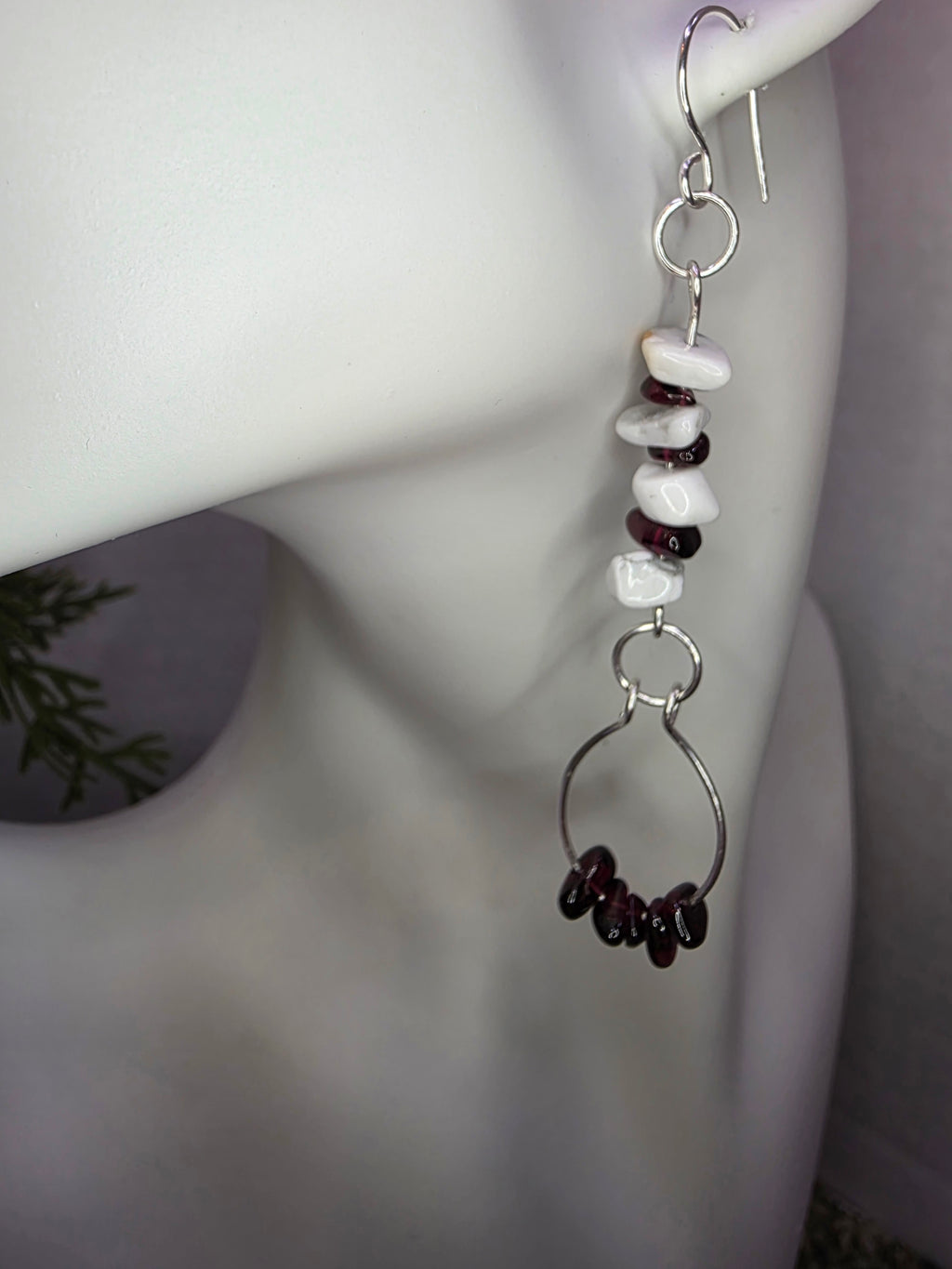 Sterling Silver Howlite and Garnet Chip Wire Wrapped Earrings with Garnet Dangle Flare