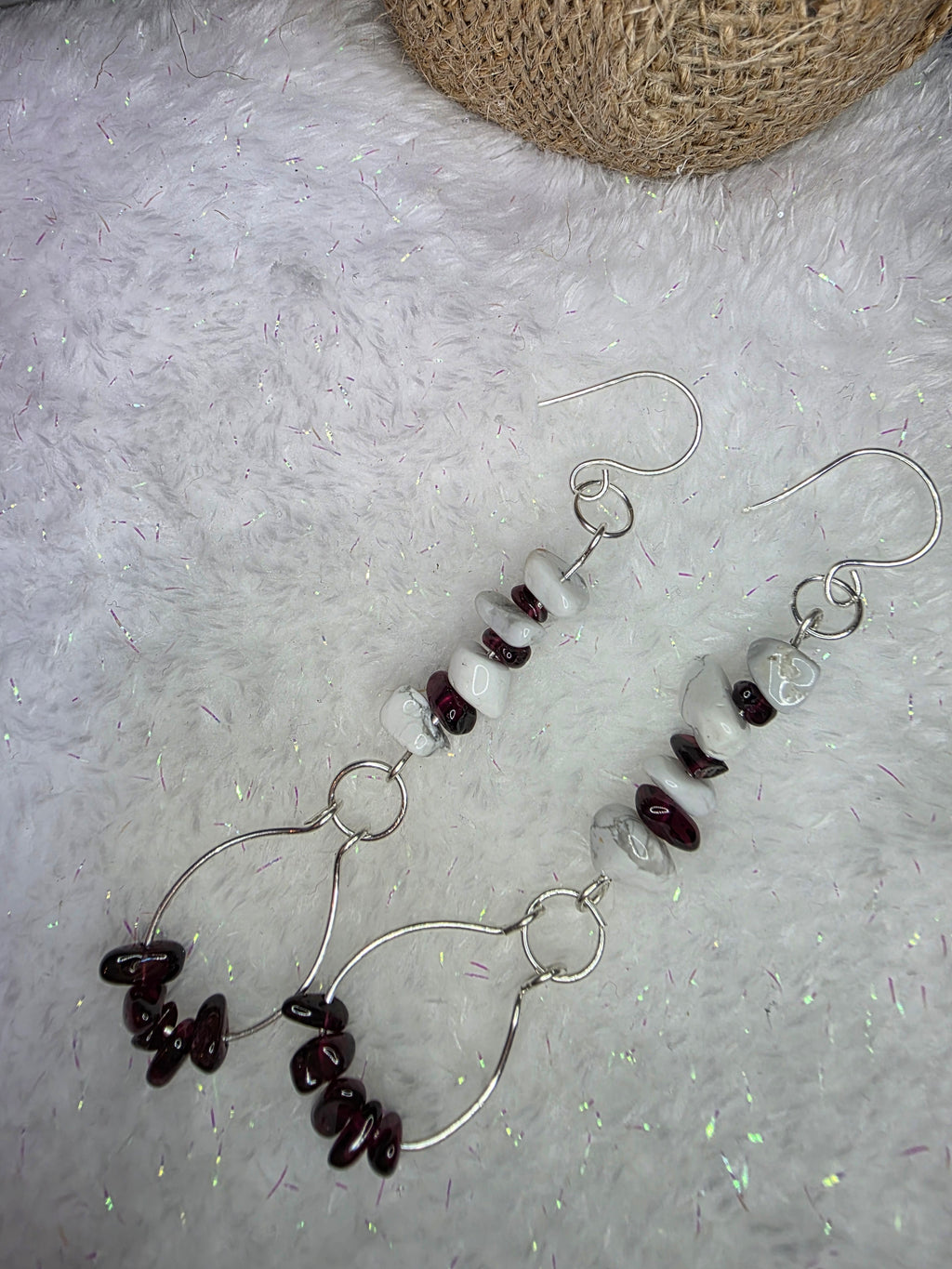 Sterling Silver Howlite and Garnet Chip Wire Wrapped Earrings with Garnet Dangle Flare