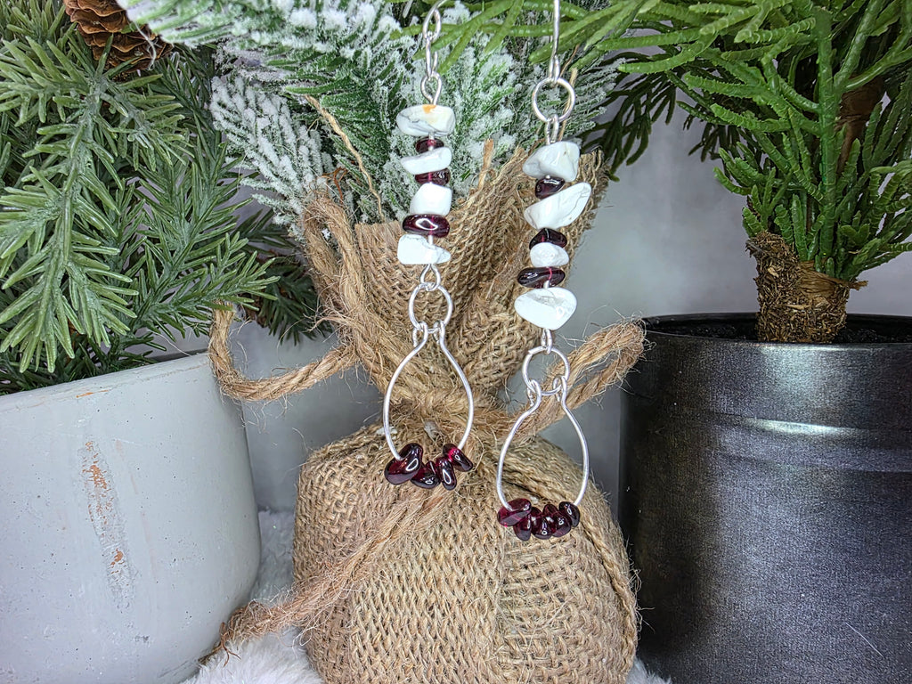 Sterling Silver Howlite and Garnet Chip Wire Wrapped Earrings with Garnet Dangle Flare