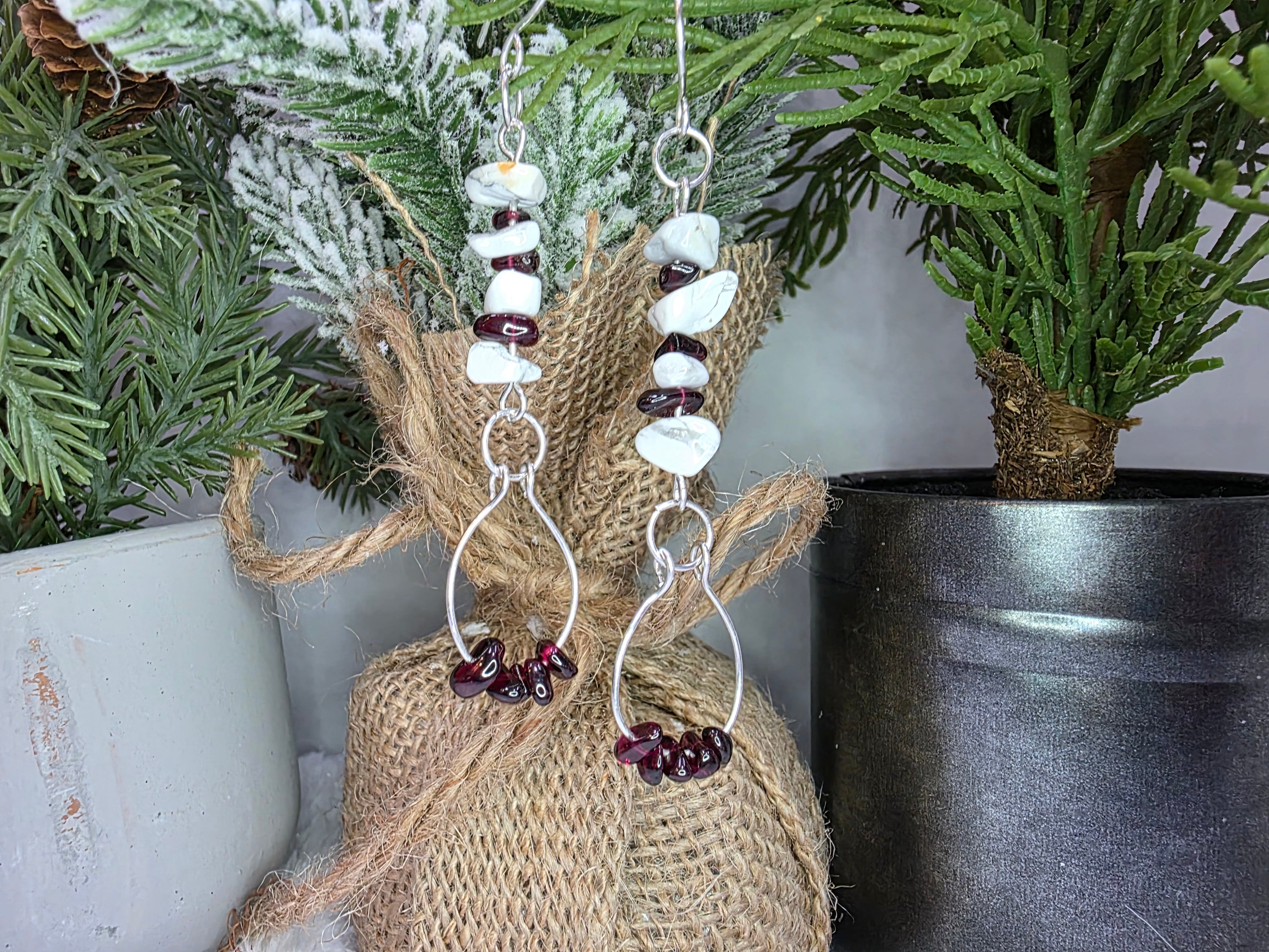Sterling Silver Howlite and Garnet Chip Wire Wrapped Earrings with Garnet Dangle Flare