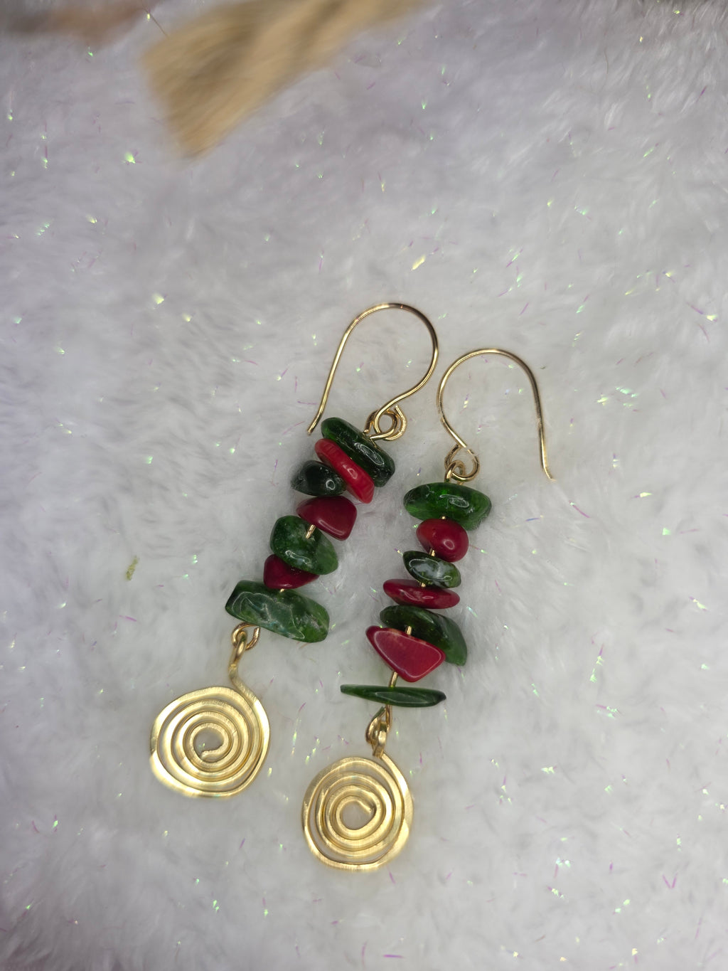Diopside and Red Coral Brass Earrings with Hammered Spiral Detail