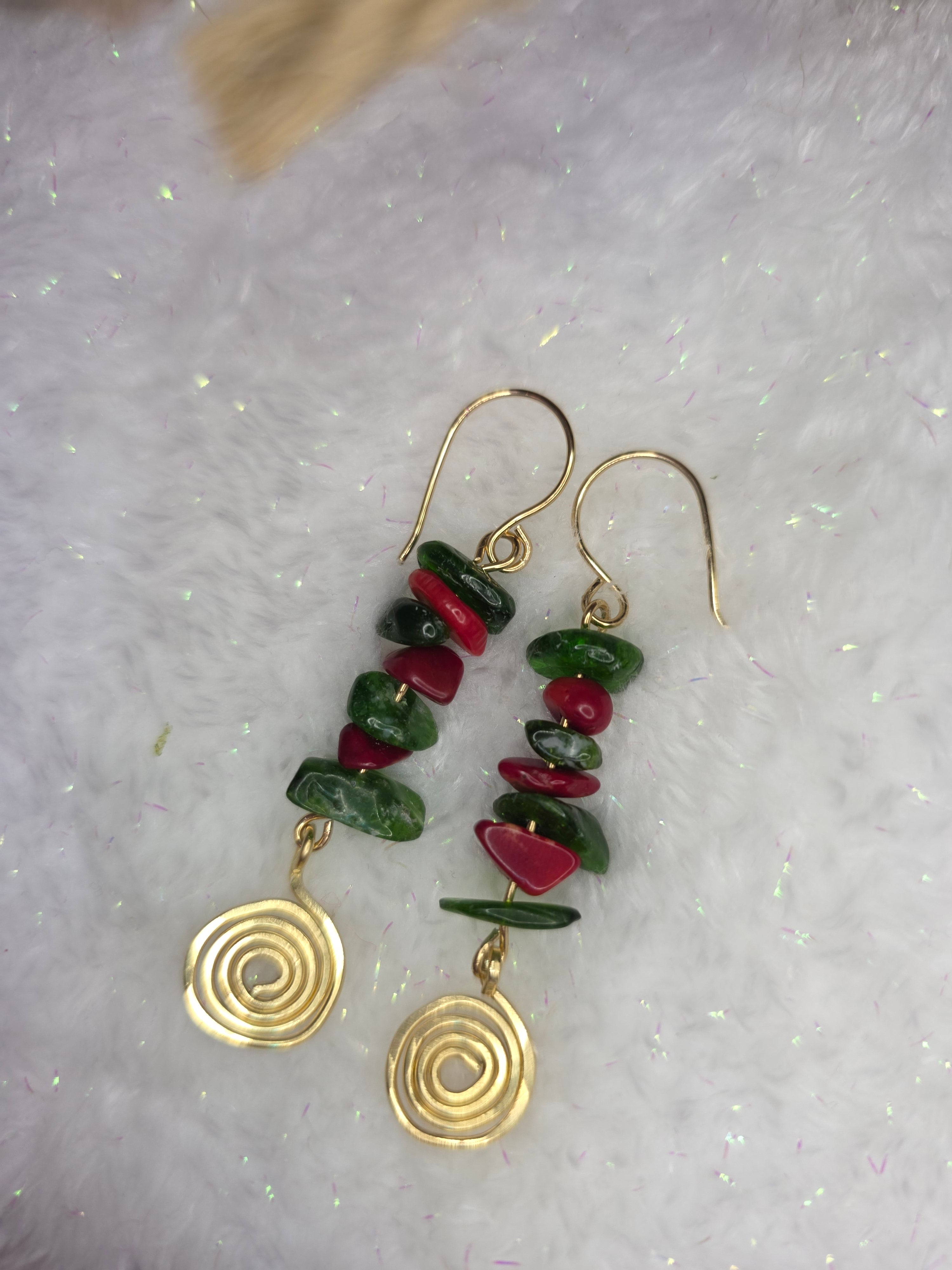 Diopside and Red Coral Brass Earrings with Hammered Spiral Detail