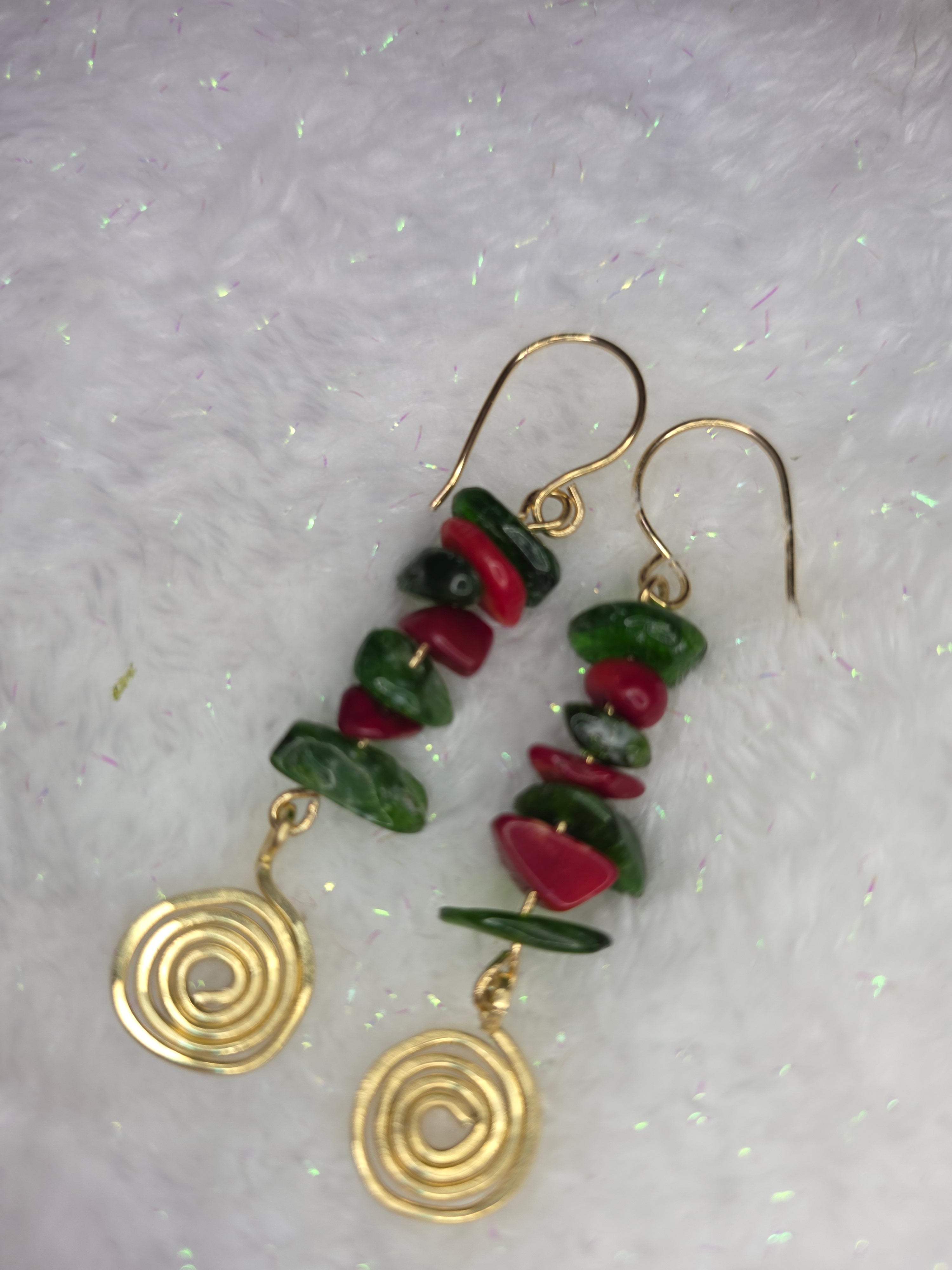 Diopside and Red Coral Brass Earrings with Hammered Spiral Detail