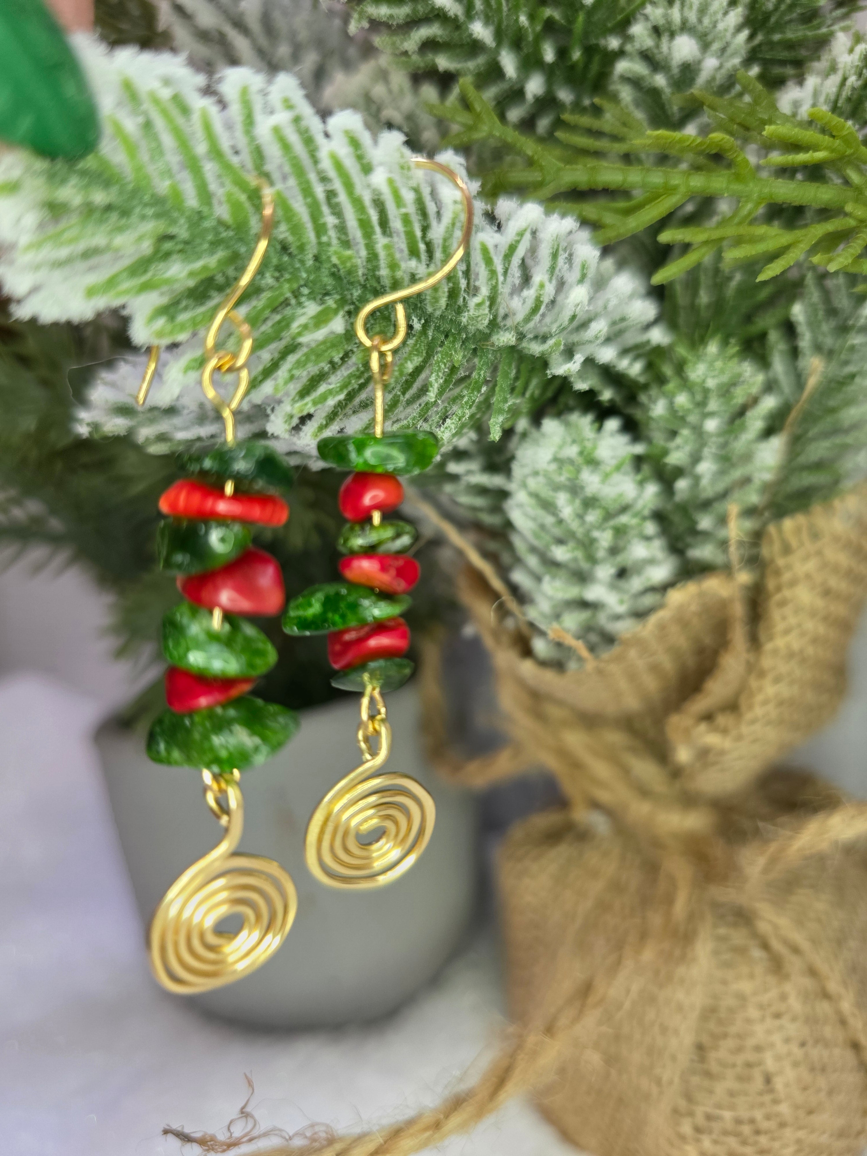 Diopside and Red Coral Brass Earrings with Hammered Spiral Detail