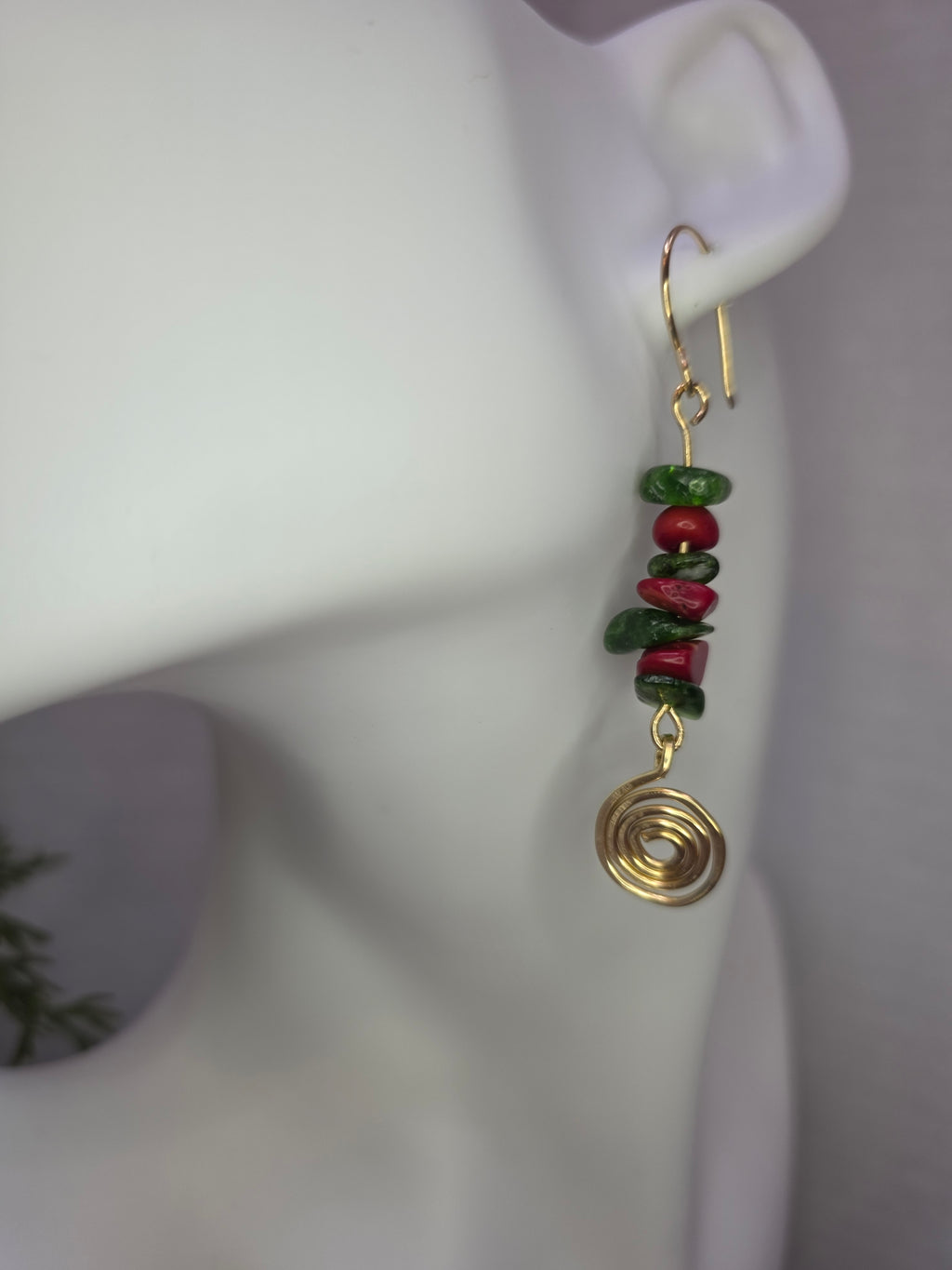 Diopside and Red Coral Brass Earrings with Hammered Spiral Detail