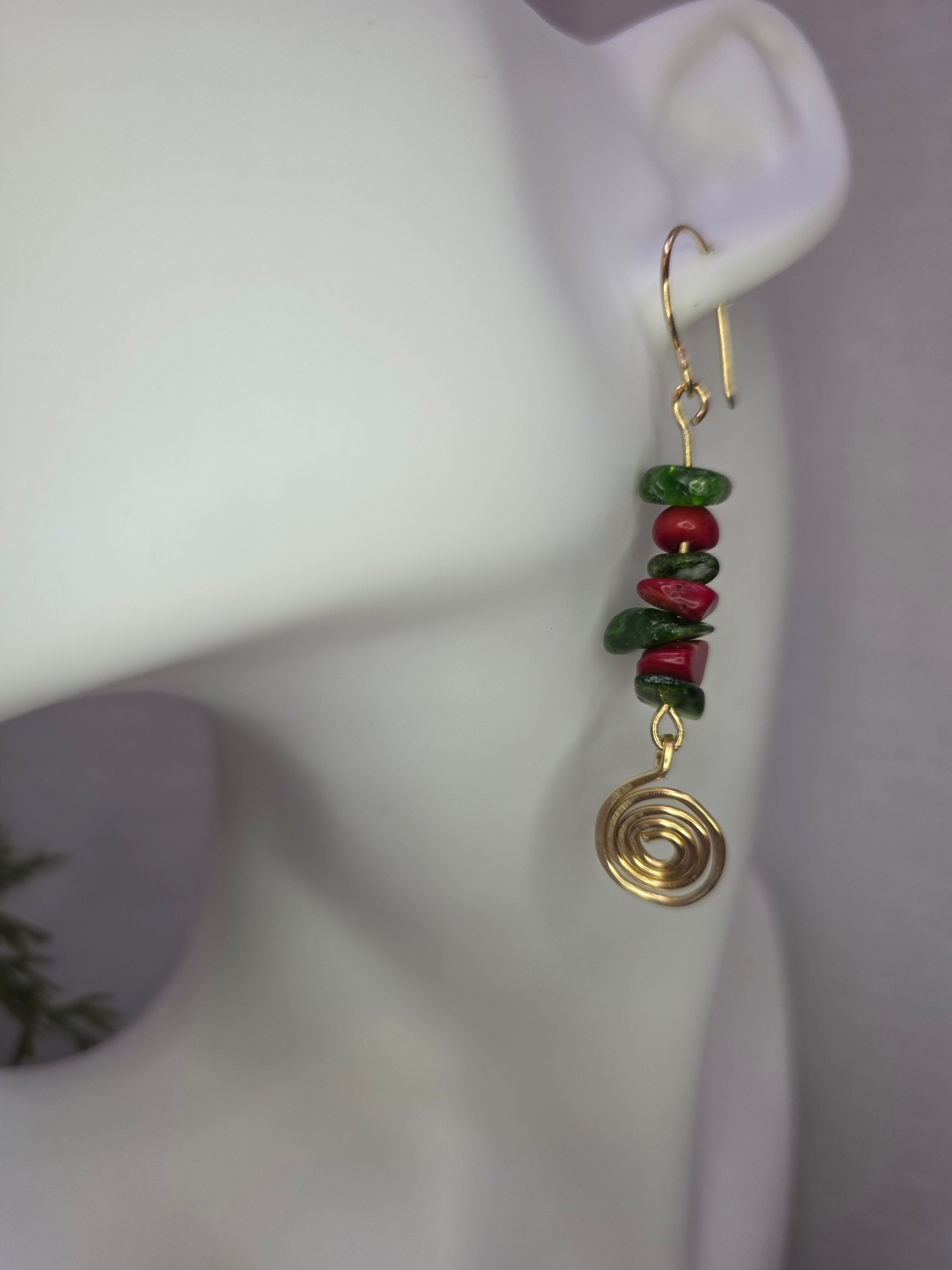 Diopside and Red Coral Brass Earrings with Hammered Spiral Detail