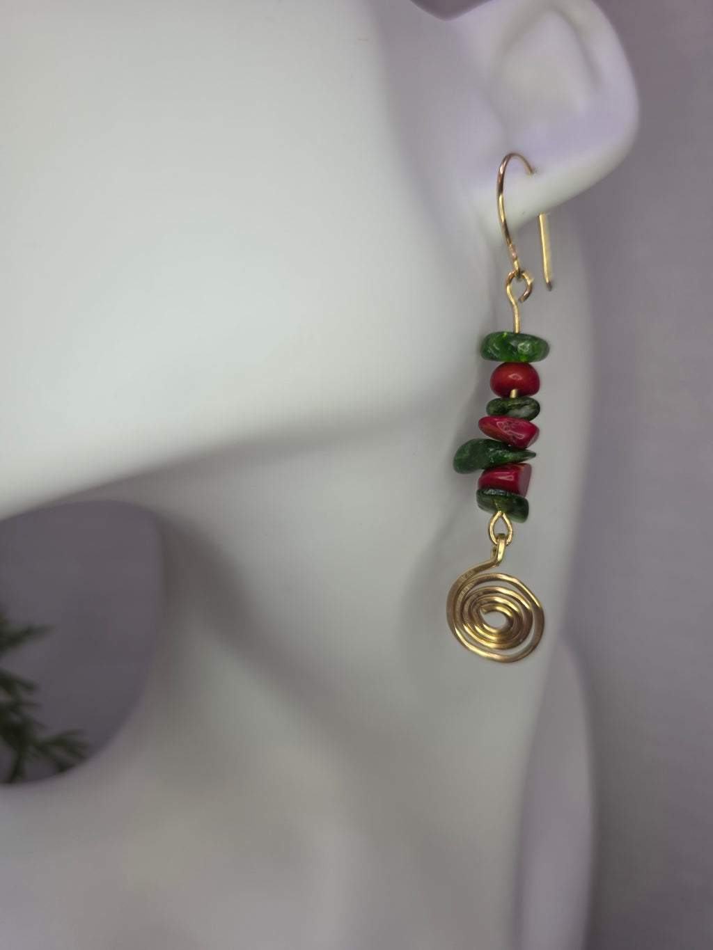 Diopside and Red Coral Brass Earrings with Hammered Spiral Detail