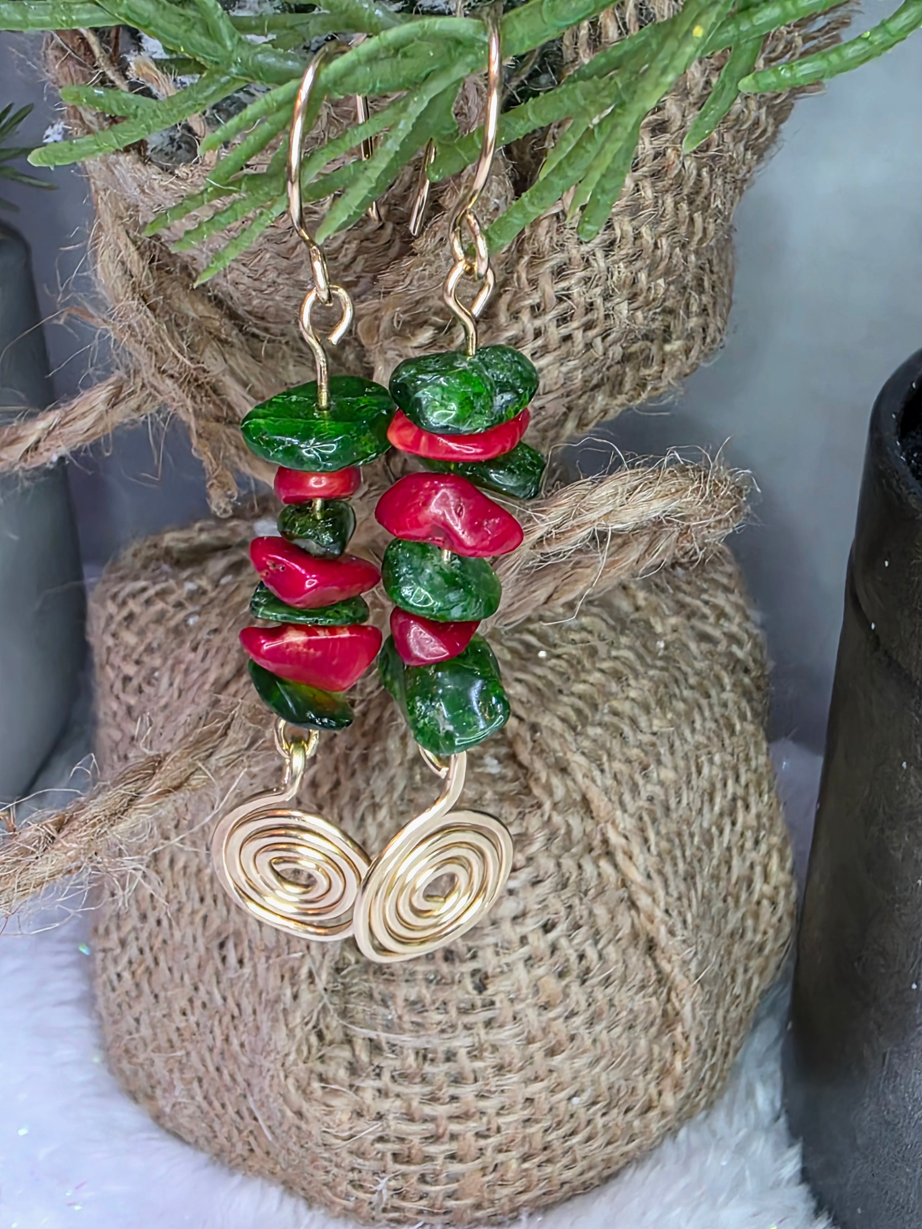 Diopside and Red Coral Brass Earrings with Hammered Spiral Detail