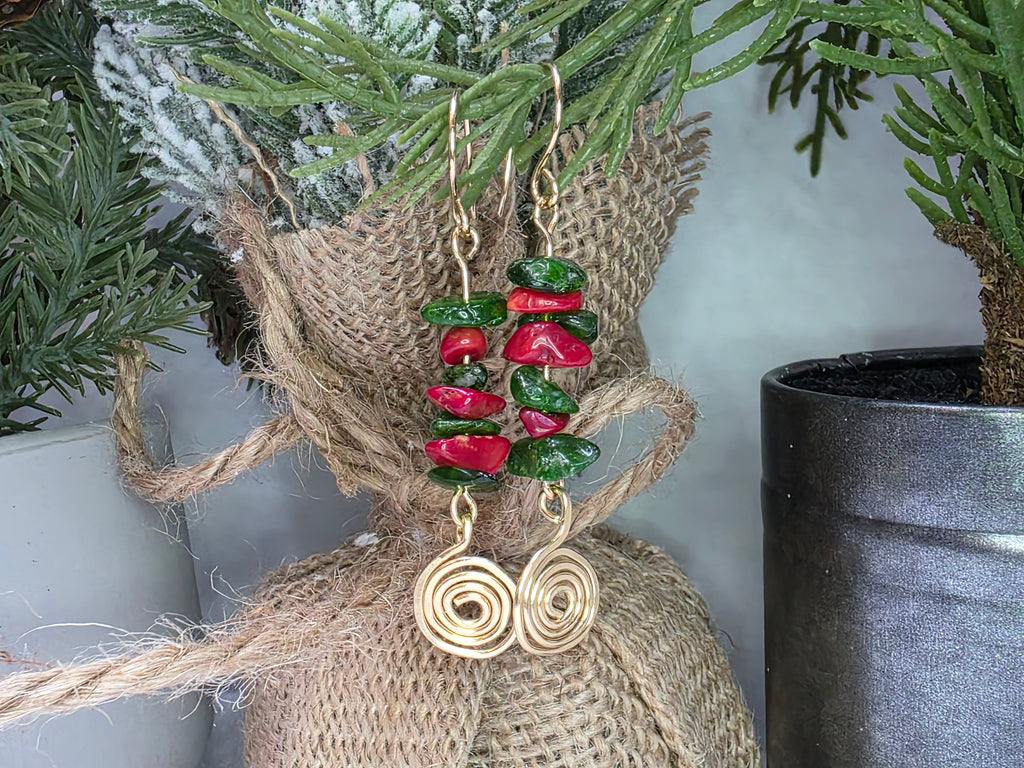 Diopside and Red Coral Brass Earrings with Hammered Spiral Detail