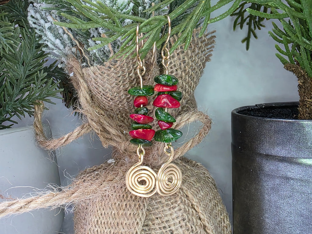 Diopside and Red Coral Brass Earrings with Hammered Spiral Detail