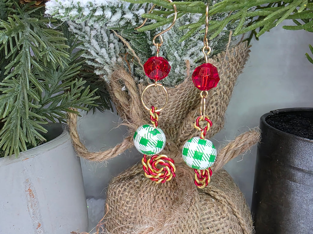 Christmas Earrings Brass Hooks and Aluminum Candy Cane Swirl, Plastic Kid-Friendly Beads, Fun, Festive