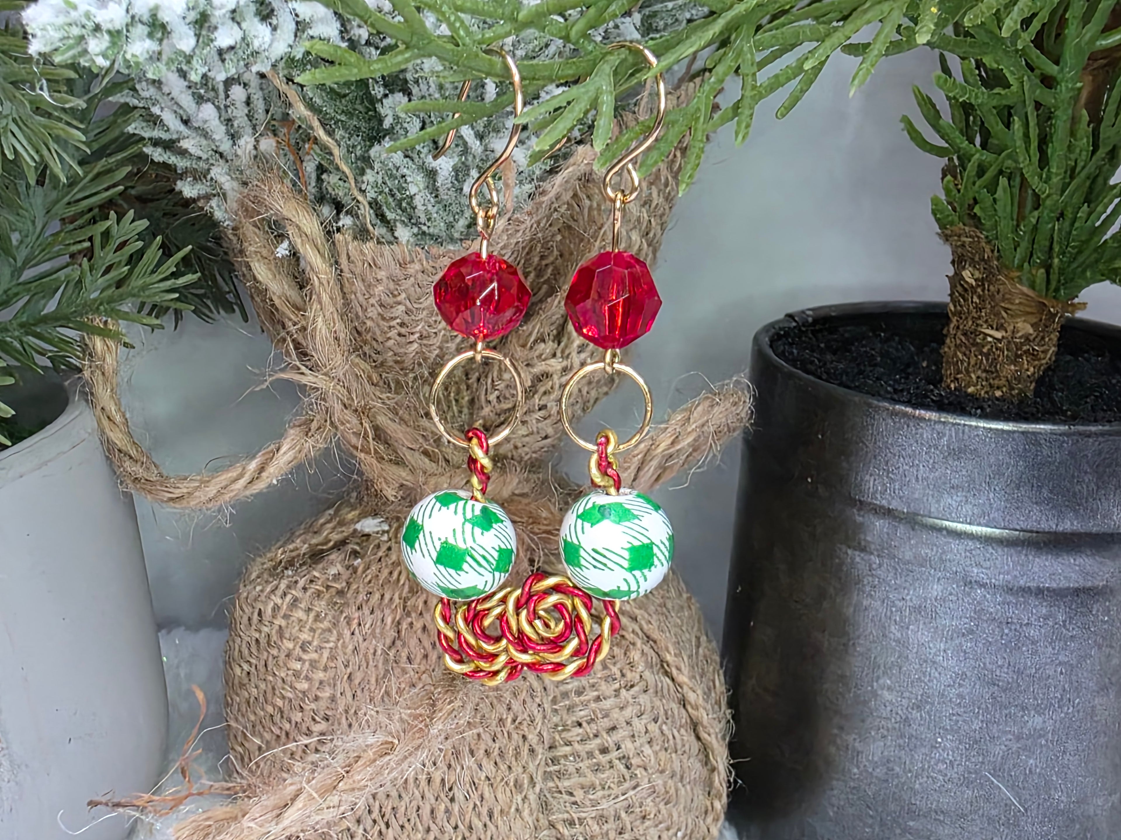 Christmas Earrings Brass Hooks and Aluminum Candy Cane Swirl, Plastic Kid-Friendly Beads, Fun, Festive