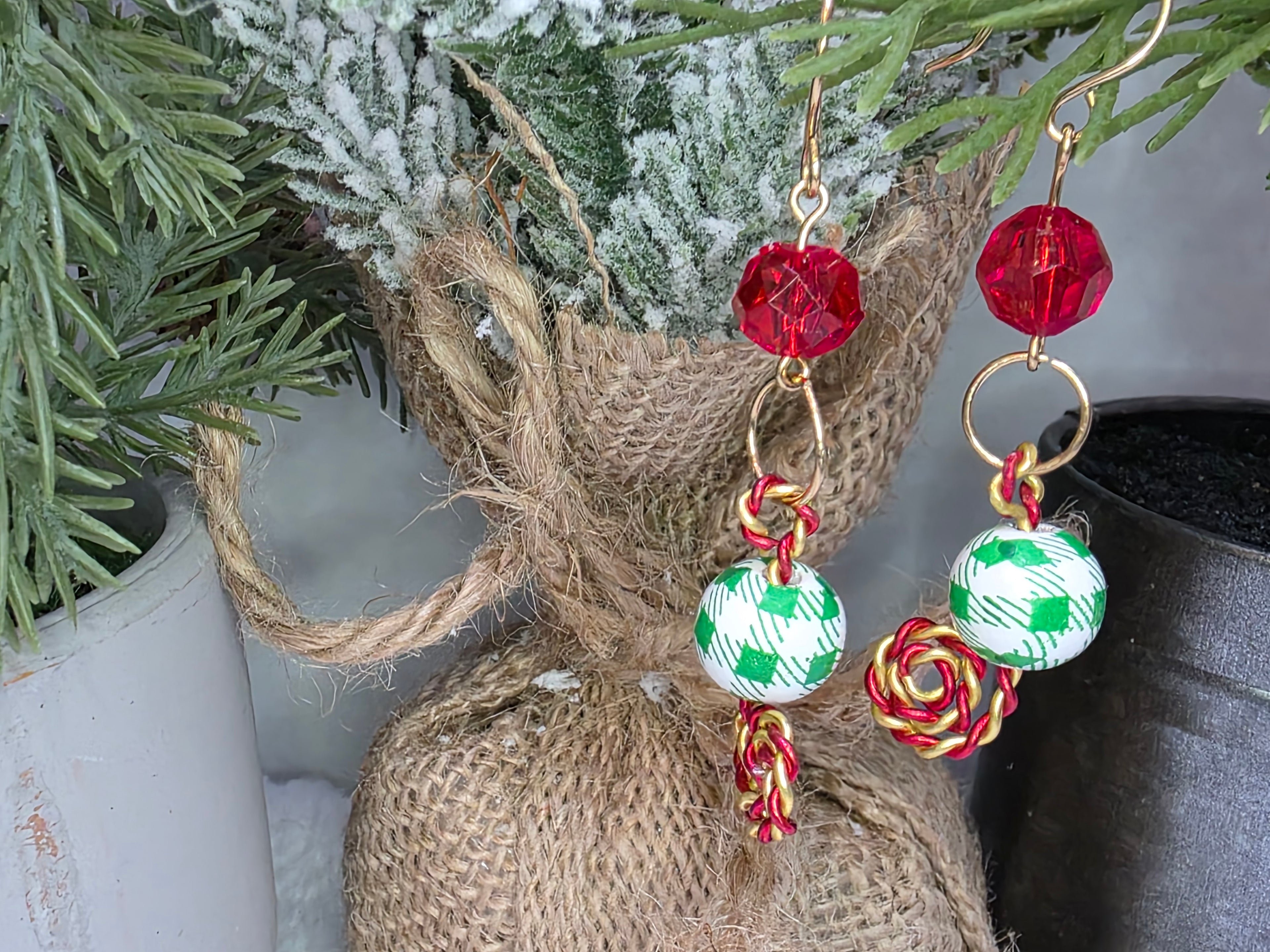 Christmas Earrings Brass Hooks and Aluminum Candy Cane Swirl, Plastic Kid-Friendly Beads, Fun, Festive