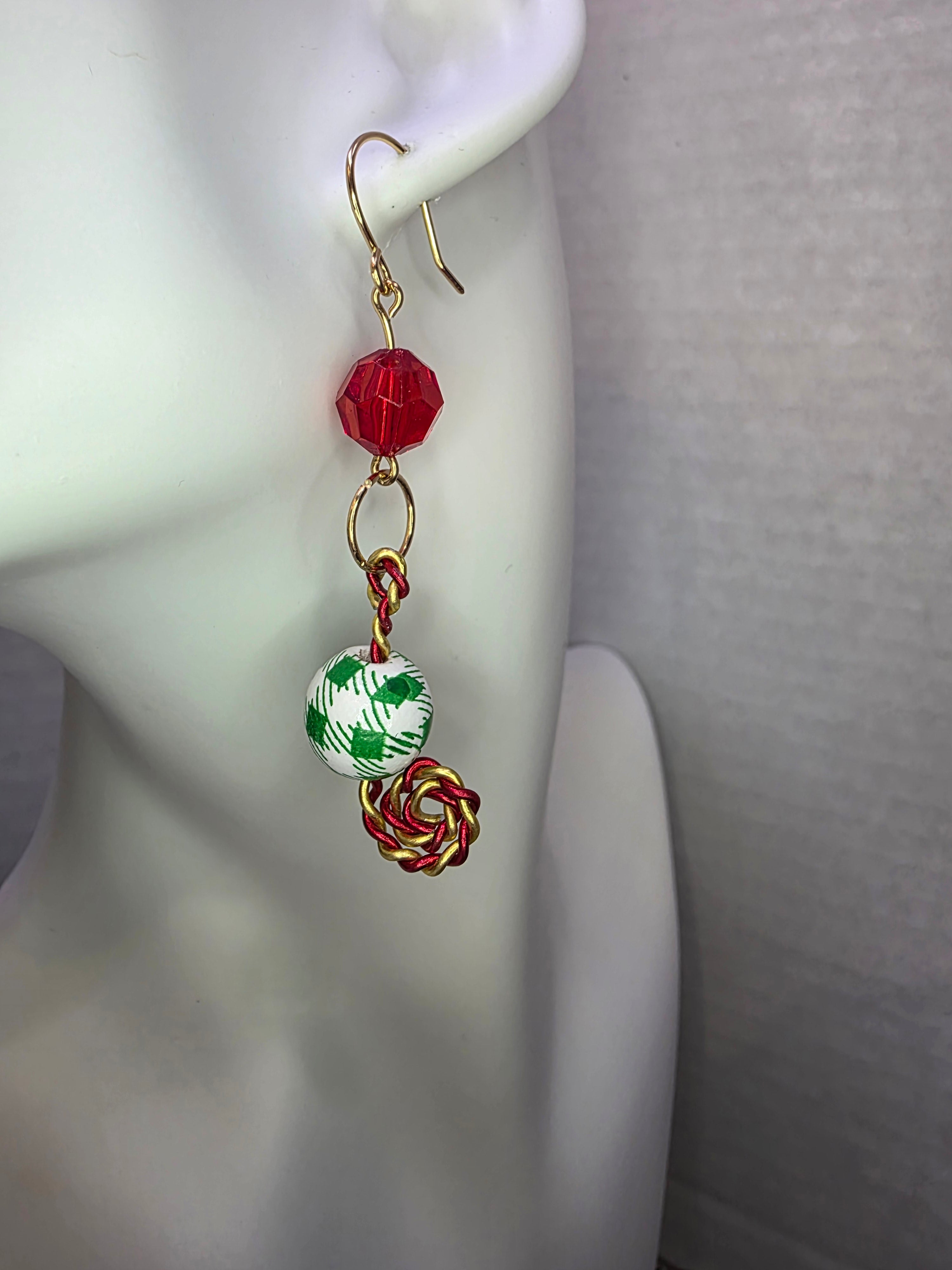 Christmas Earrings Brass Hooks and Aluminum Candy Cane Swirl, Plastic Kid-Friendly Beads, Fun, Festive