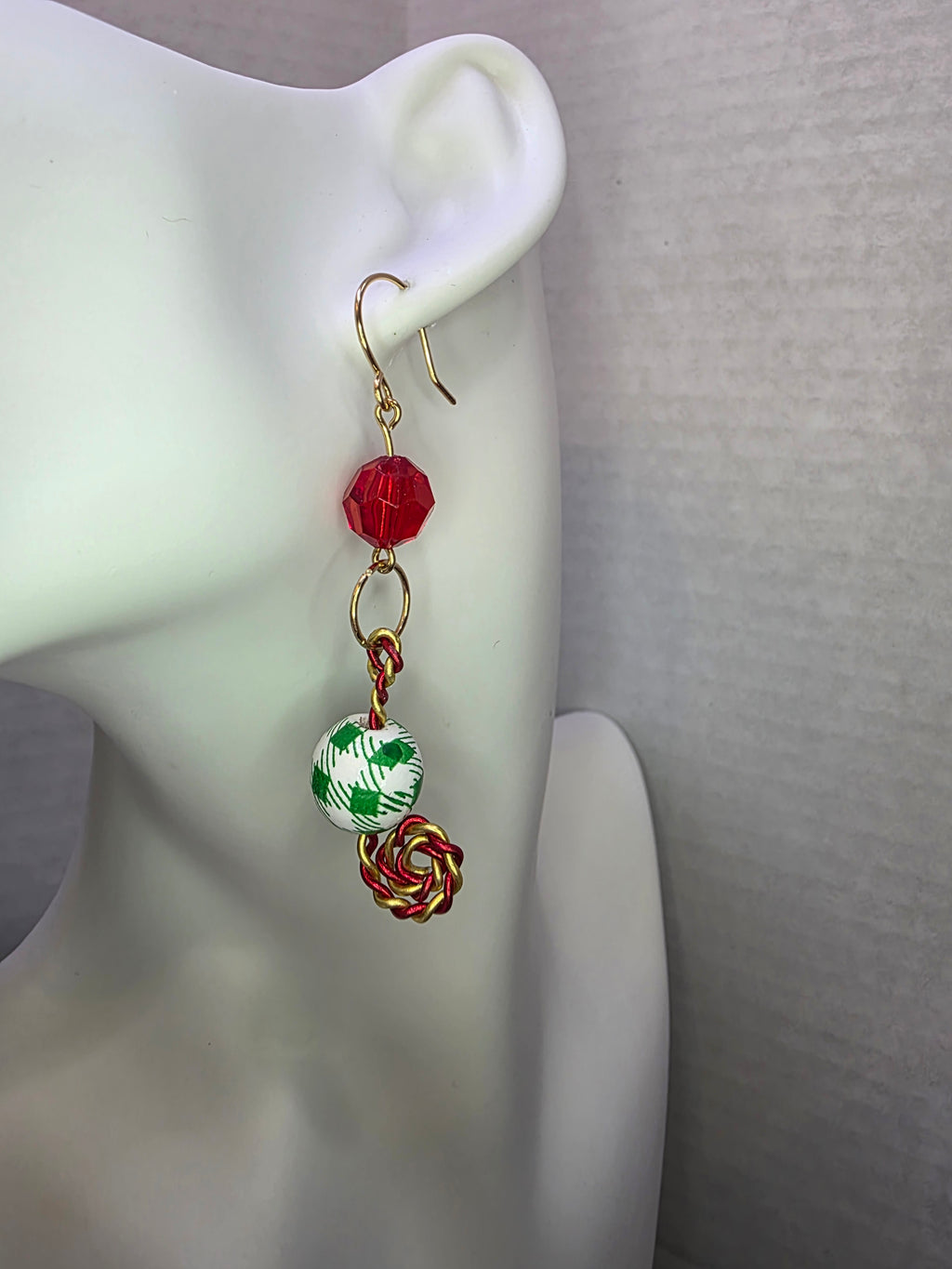 Christmas Earrings Brass Hooks and Aluminum Candy Cane Swirl, Plastic Kid-Friendly Beads, Fun, Festive