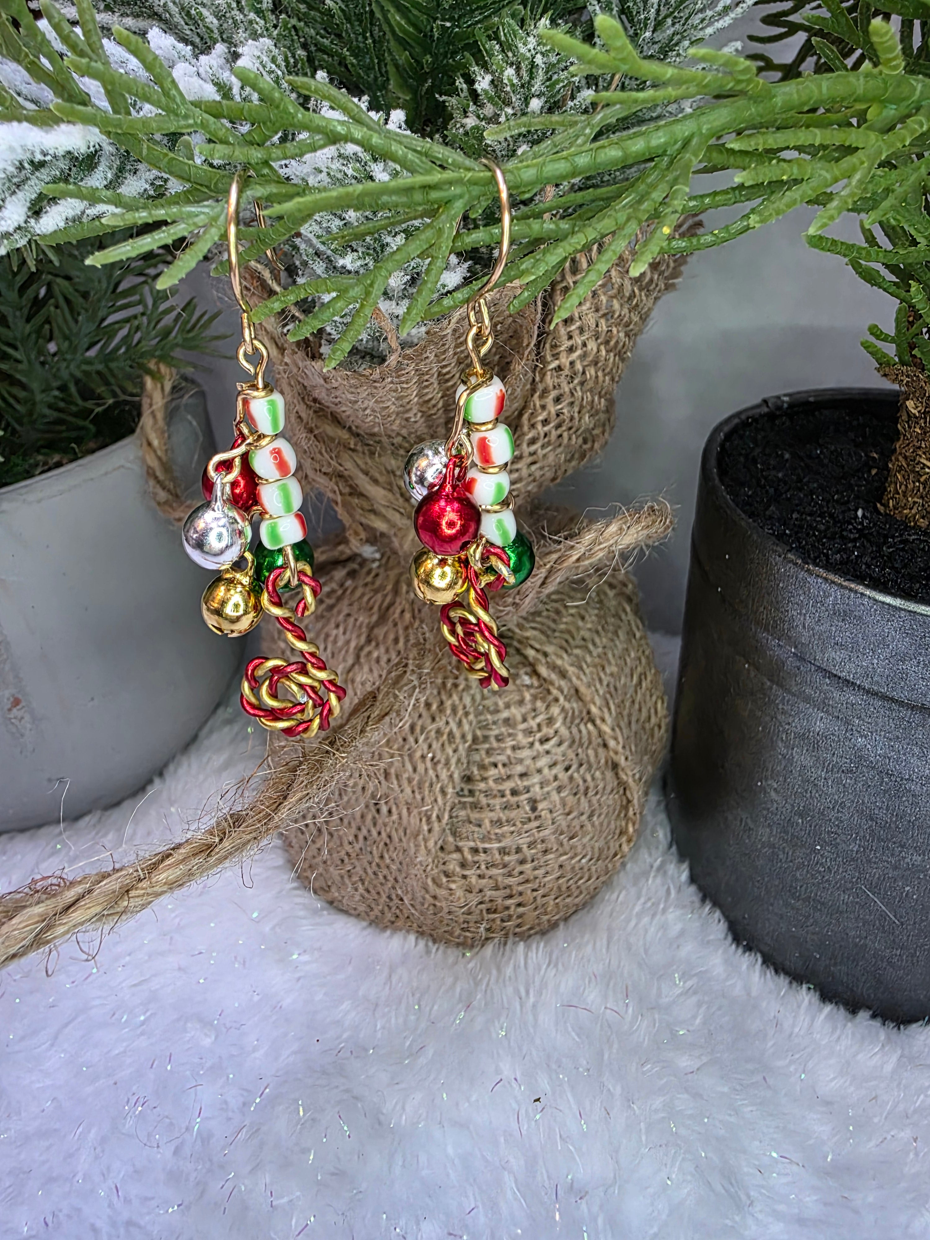 Ugly Christmas Overload Candy Cane Jingle Bell Party Earrings with Glass Beads