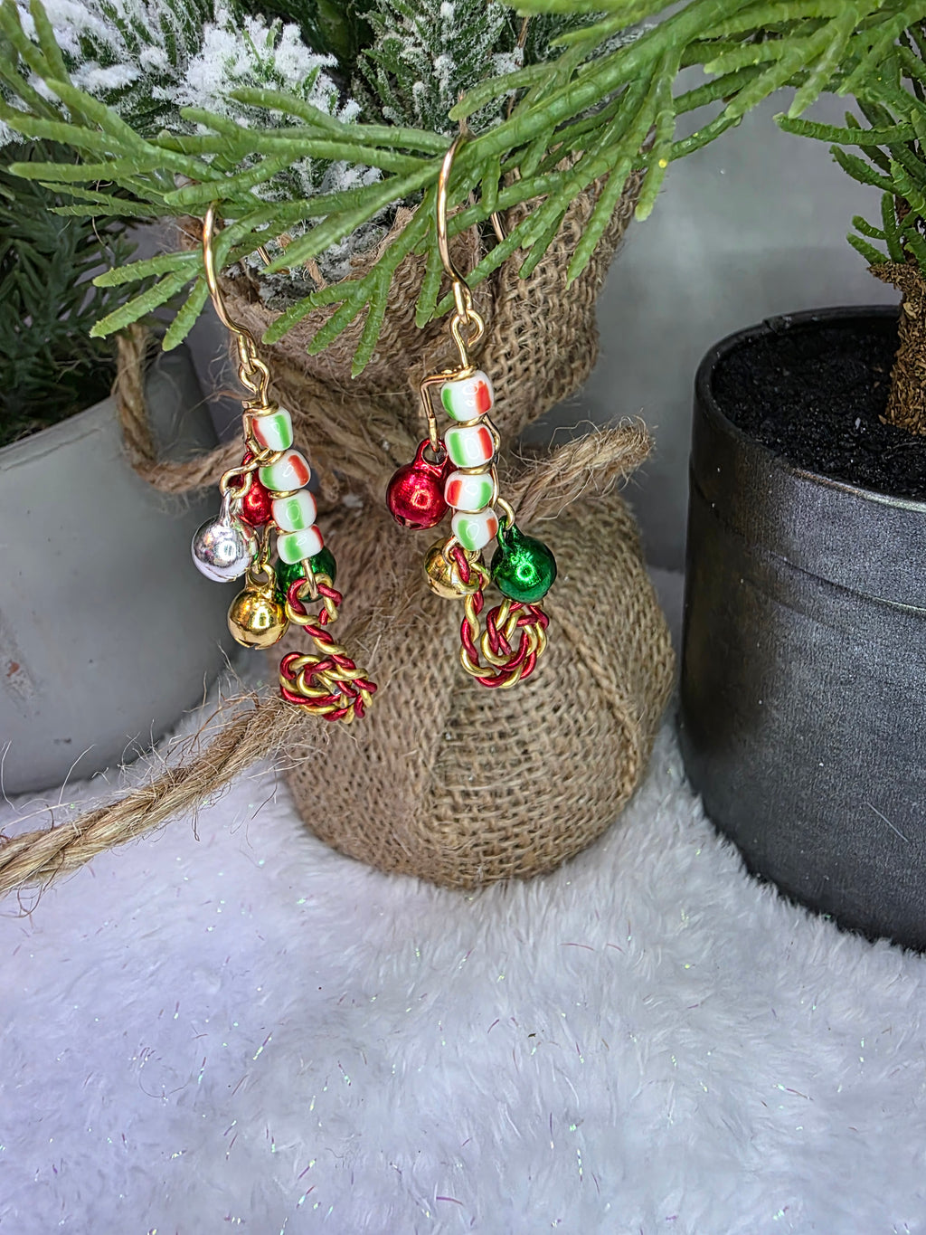 Ugly Christmas Overload Candy Cane Jingle Bell Party Earrings with Glass Beads