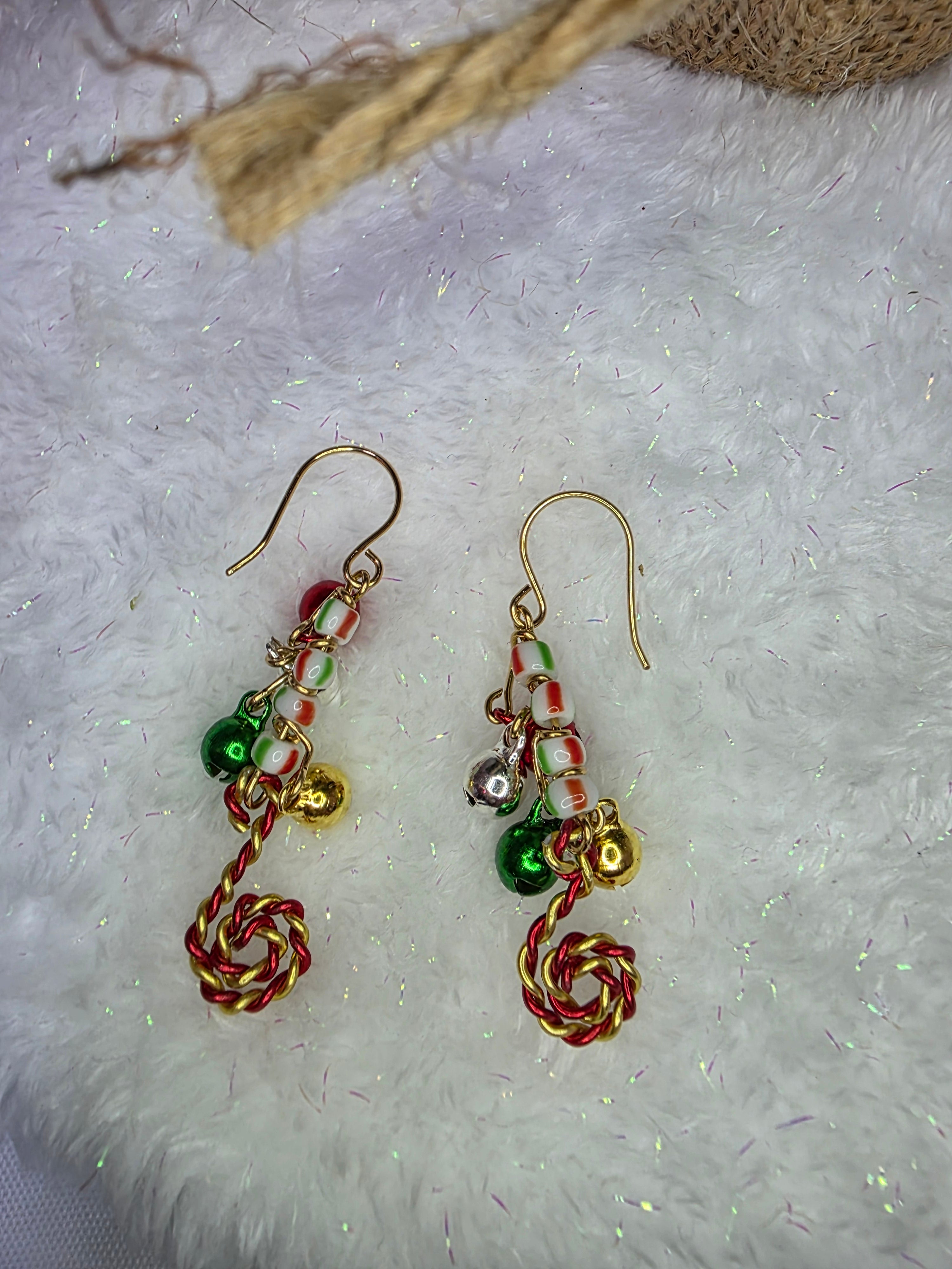 Ugly Christmas Overload Candy Cane Jingle Bell Party Earrings with Glass Beads