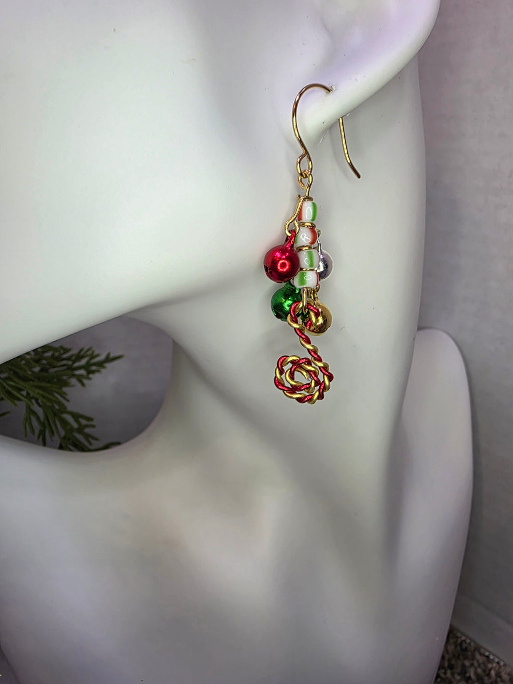 Ugly Christmas Overload Candy Cane Jingle Bell Party Earrings with Glass Beads