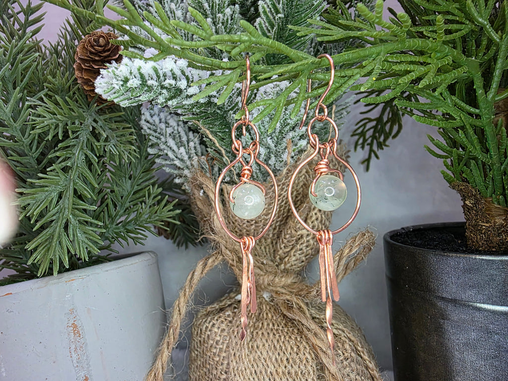 Prehnite and Copper Hoops with Hammered Dangles