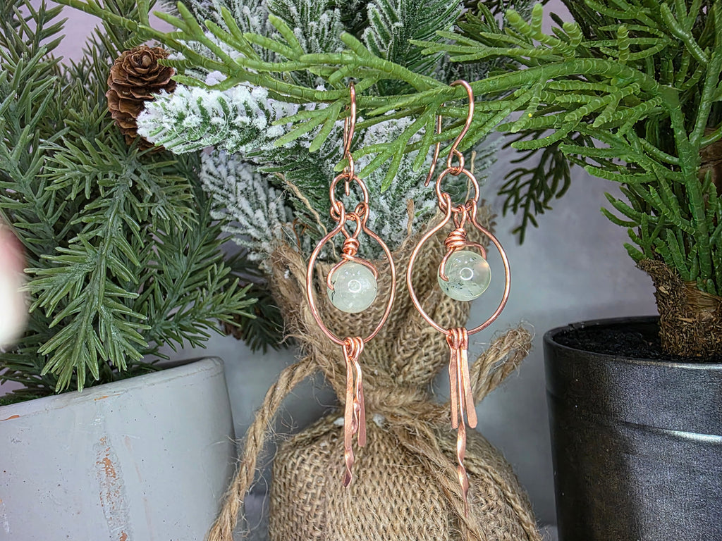 Prehnite and Copper Hoops with Hammered Dangles