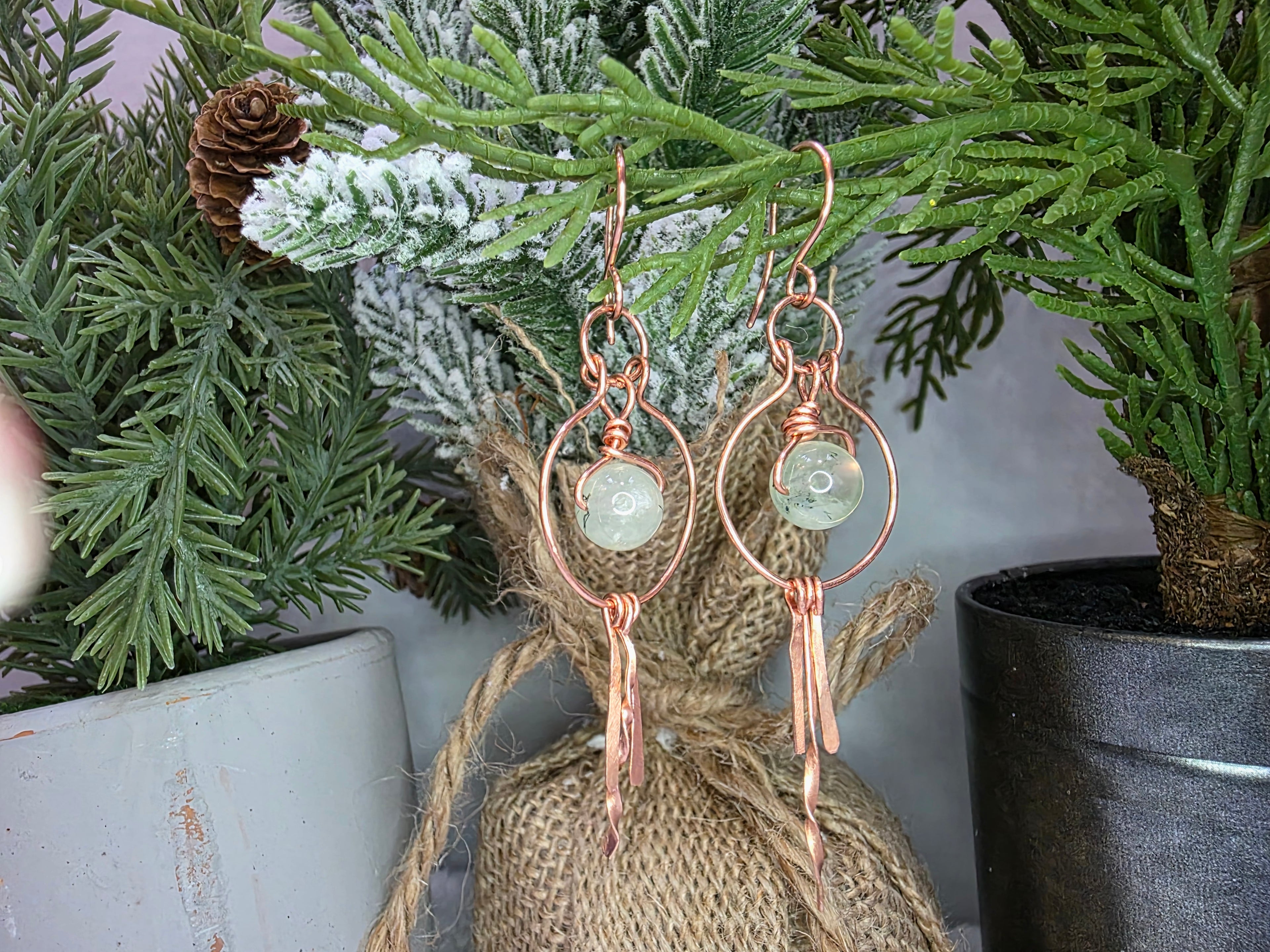Prehnite and Copper Hoops with Hammered Dangles