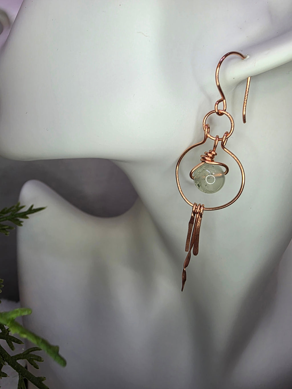 Prehnite and Copper Hoops with Hammered Dangles