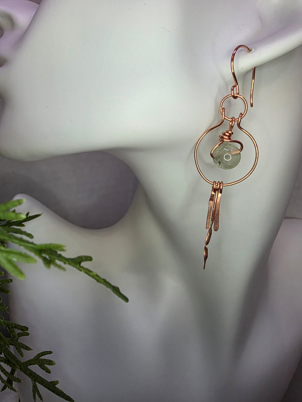 Prehnite and Copper Hoops with Hammered Dangles