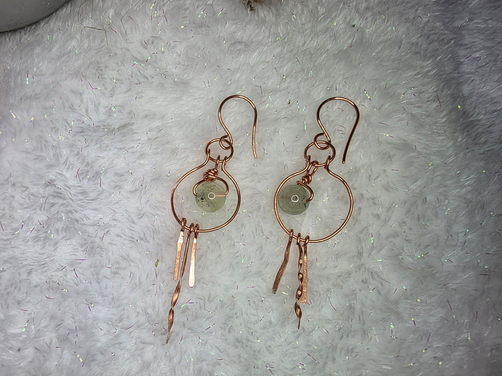 Prehnite and Copper Hoops with Hammered Dangles
