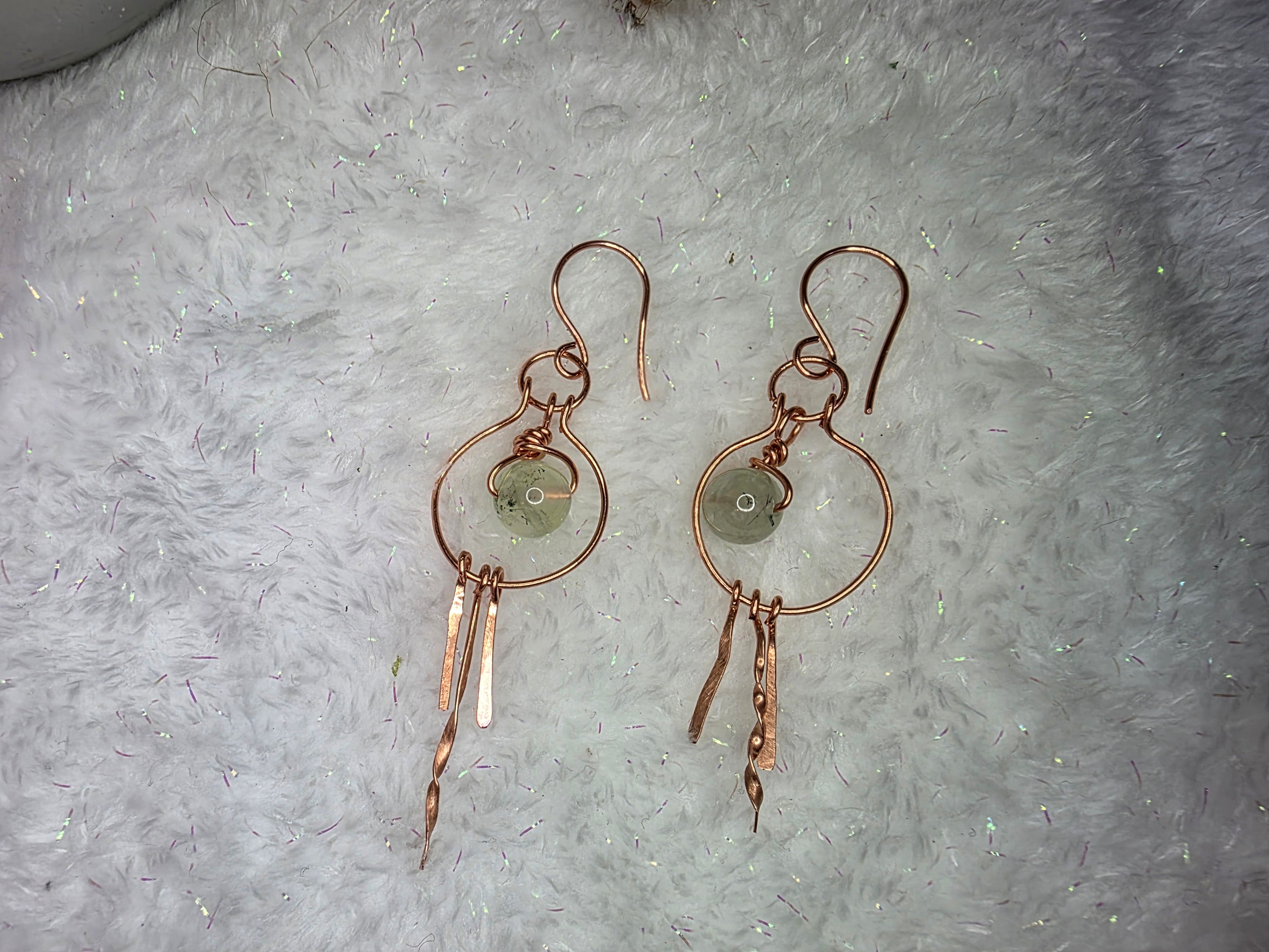 Prehnite and Copper Hoops with Hammered Dangles