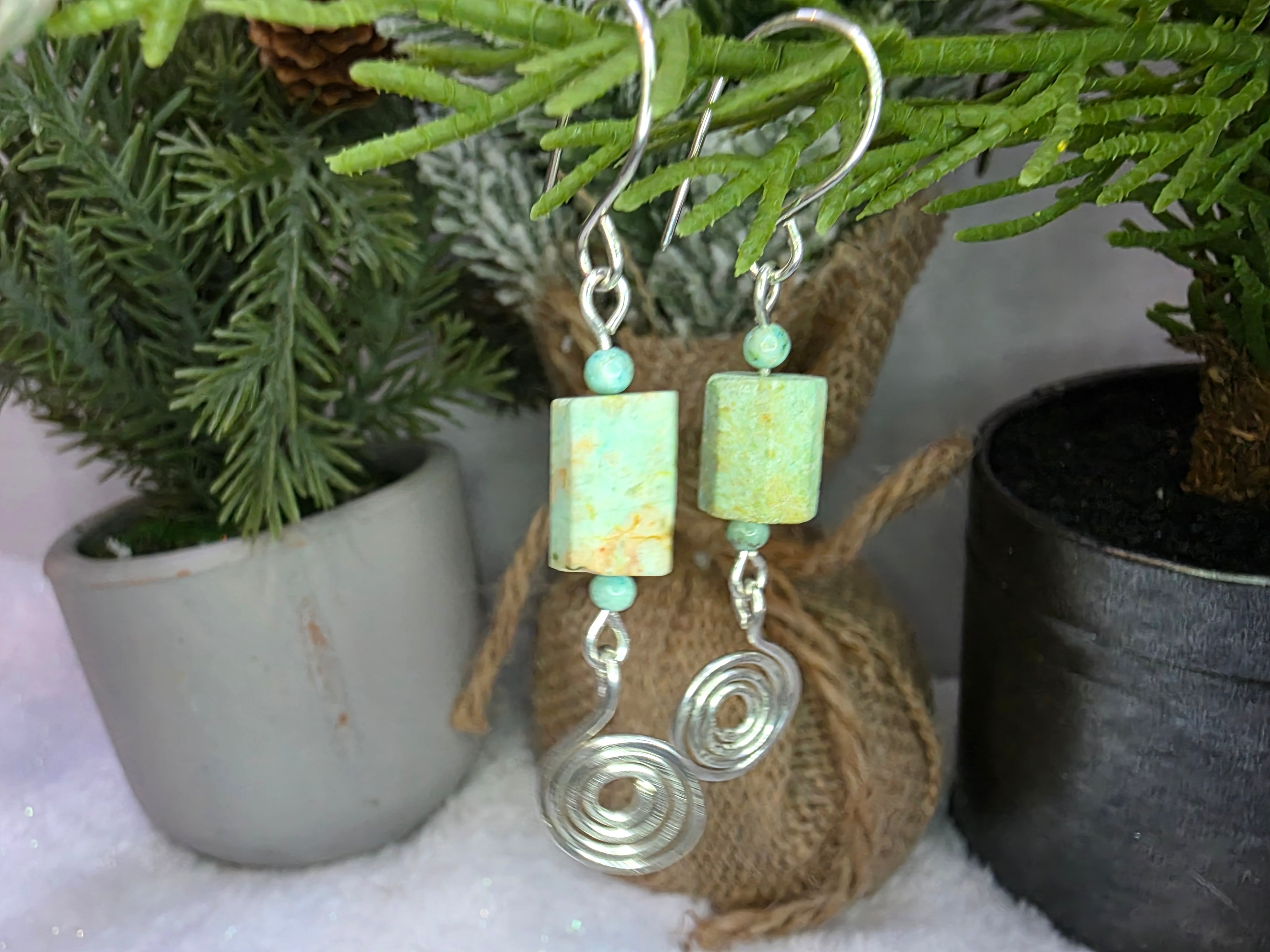 Handmade Hammered Spiral Sterling Silver Rough Turquoise Dangle Earrings - December Birthstone