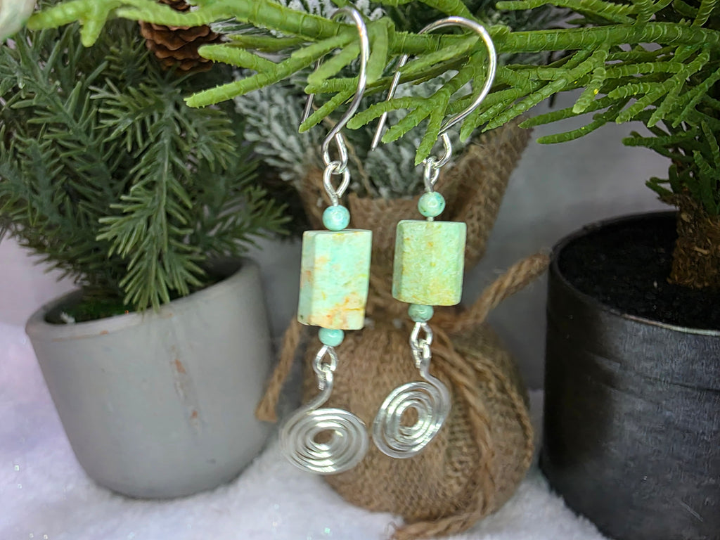 Handmade Hammered Spiral Sterling Silver Rough Turquoise Dangle Earrings - December Birthstone