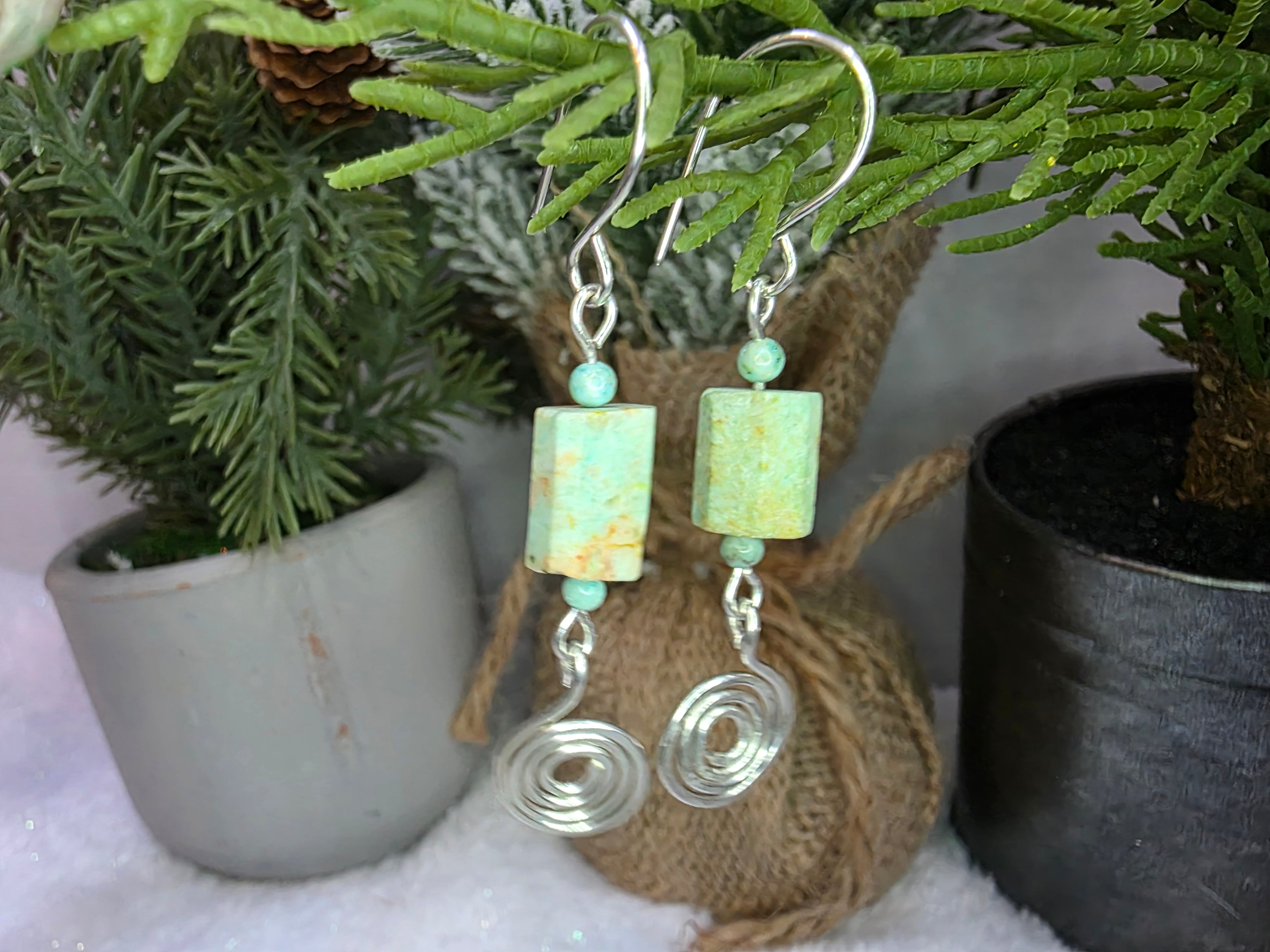 Handmade Hammered Spiral Sterling Silver Rough Turquoise Dangle Earrings - December Birthstone