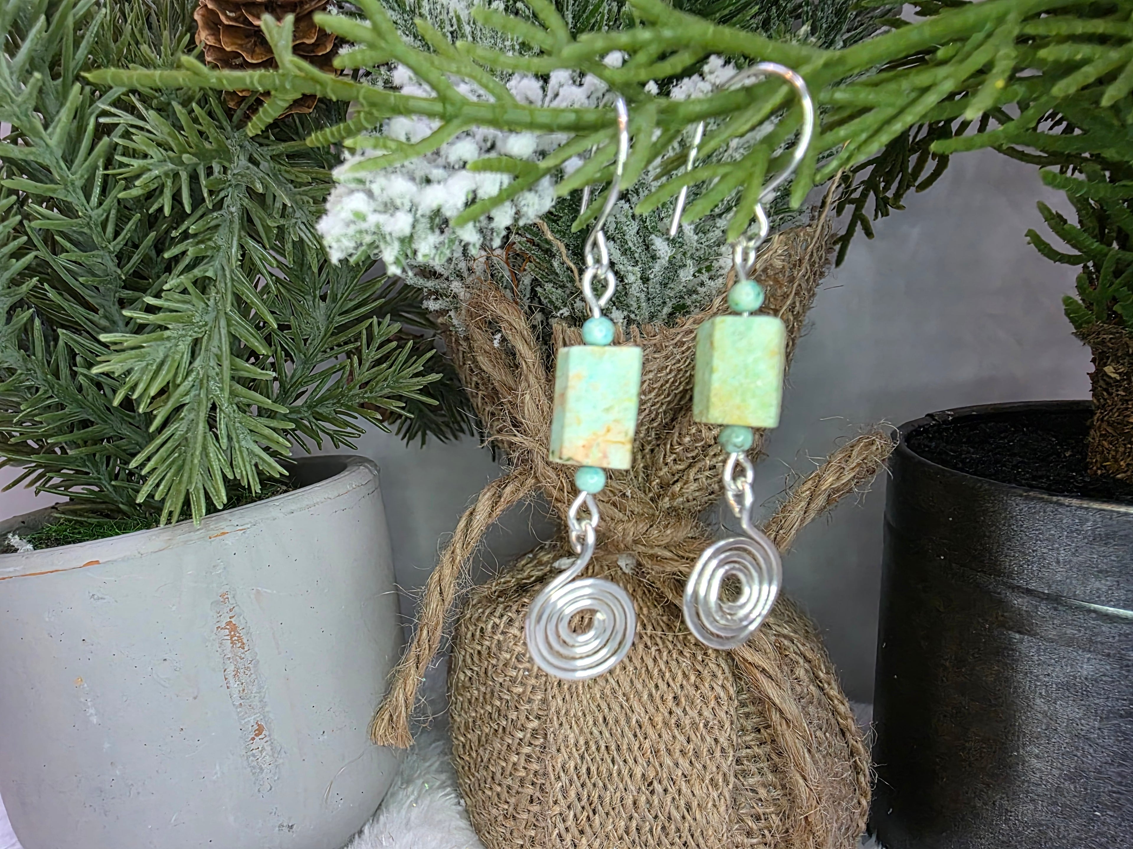 Handmade Hammered Spiral Sterling Silver Rough Turquoise Dangle Earrings - December Birthstone