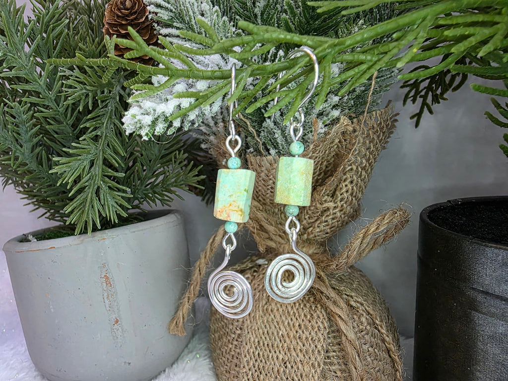 Handmade Hammered Spiral Sterling Silver Rough Turquoise Dangle Earrings - December Birthstone