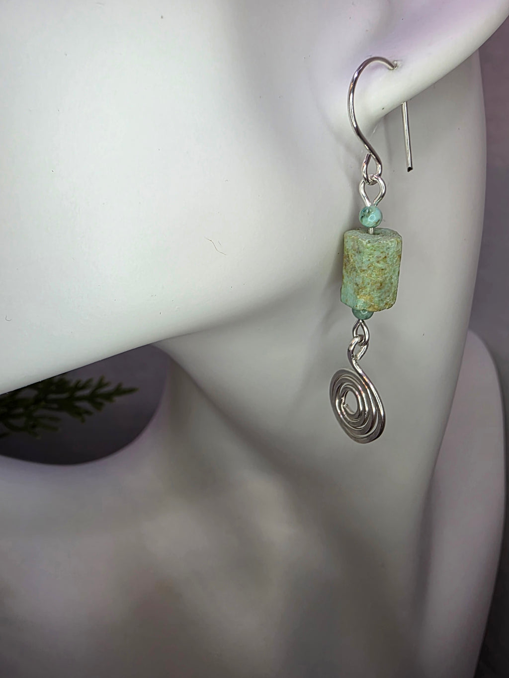 Handmade Hammered Spiral Sterling Silver Rough Turquoise Dangle Earrings - December Birthstone