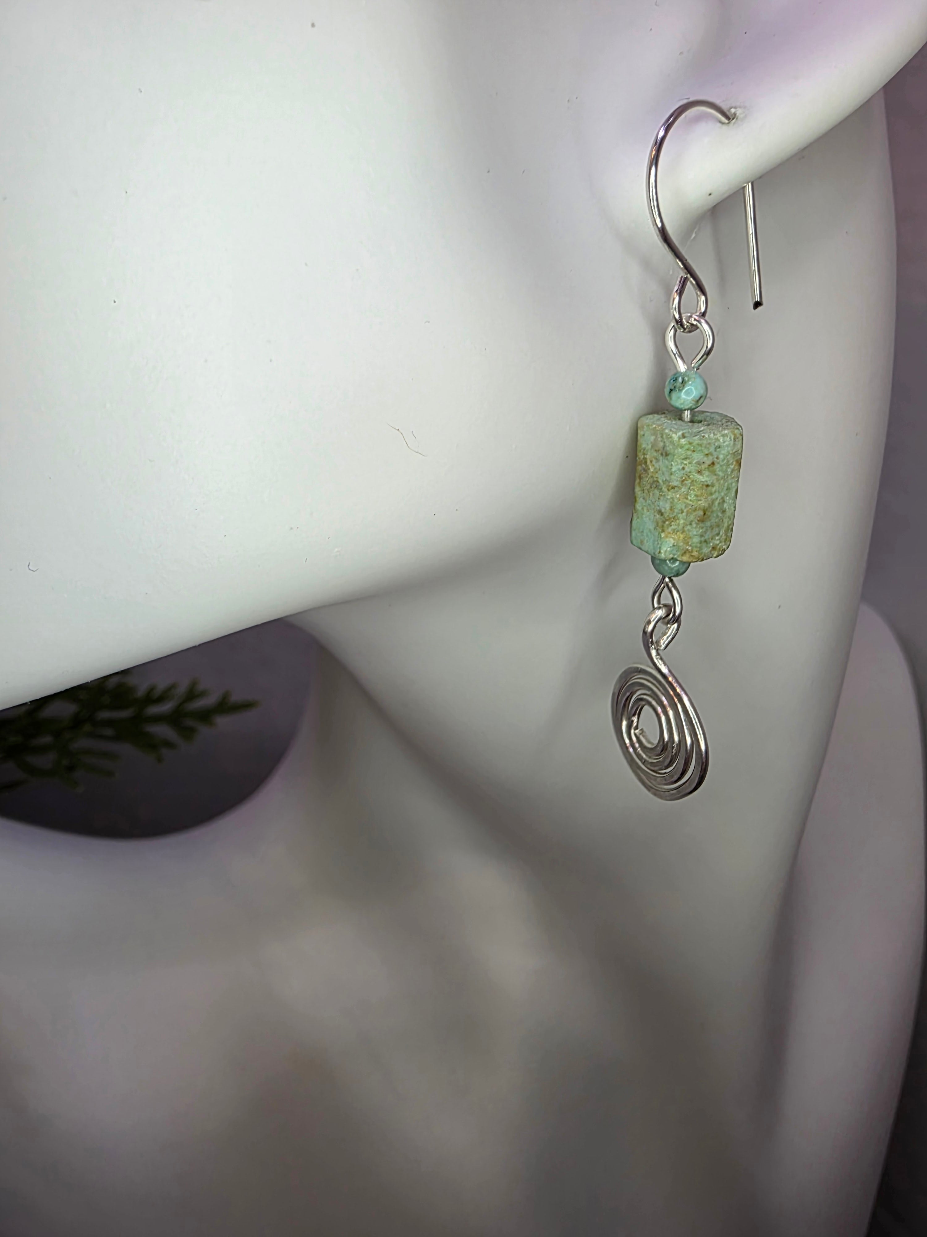 Handmade Hammered Spiral Sterling Silver Rough Turquoise Dangle Earrings - December Birthstone