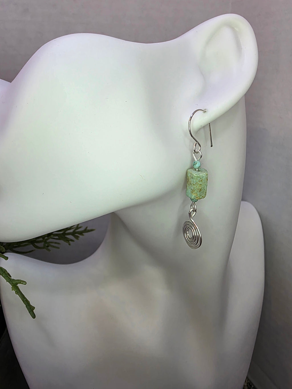 Handmade Hammered Spiral Sterling Silver Rough Turquoise Dangle Earrings - December Birthstone