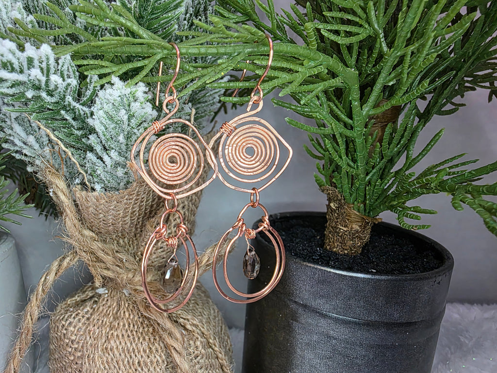 Handmade Wire Wrapped Copper Maze Spiral Twist Earrings with Smoky Quartz Drop